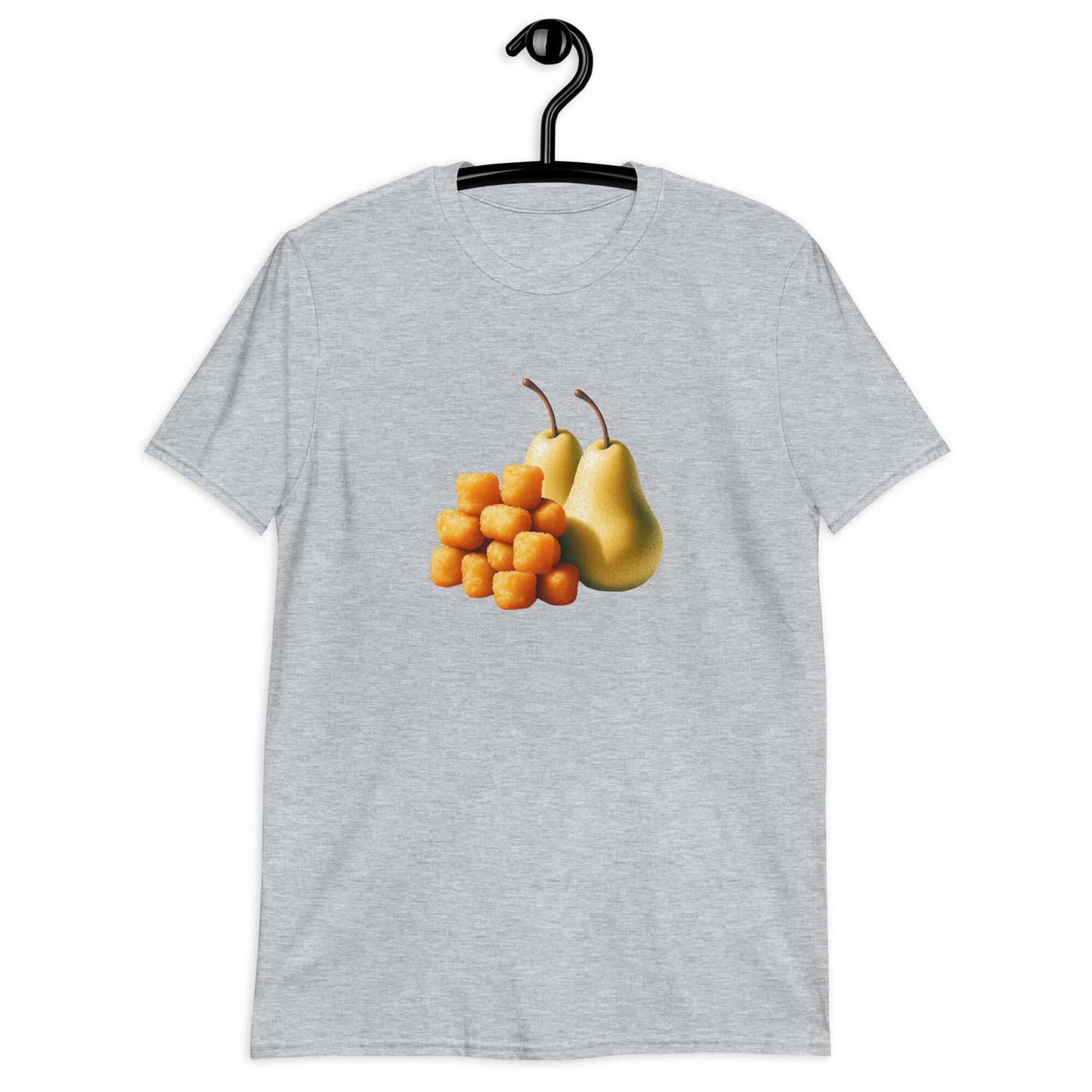 Light sport grey t-shirt with an image of tater tots and two pears printed on the front.