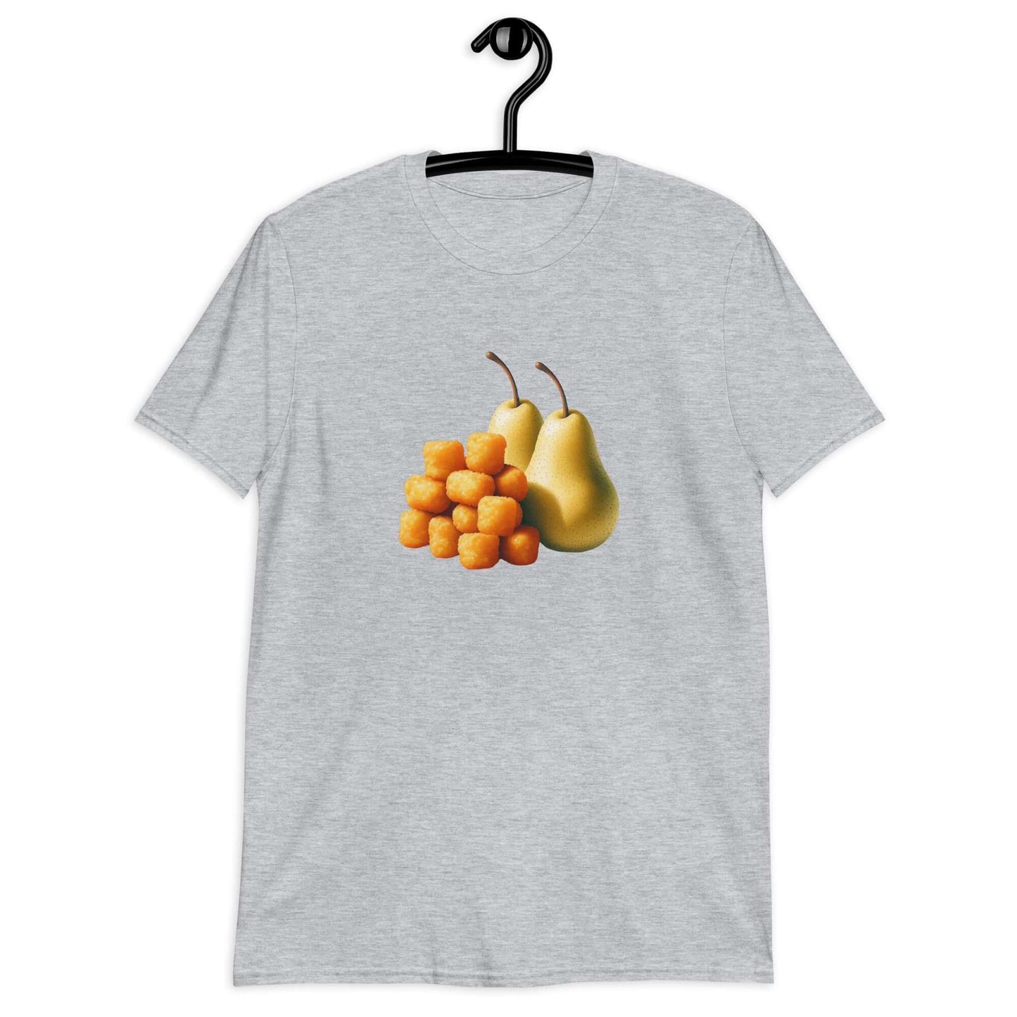 Sport grey t-shirt with an image of tater tots and two pears printed on the front. 