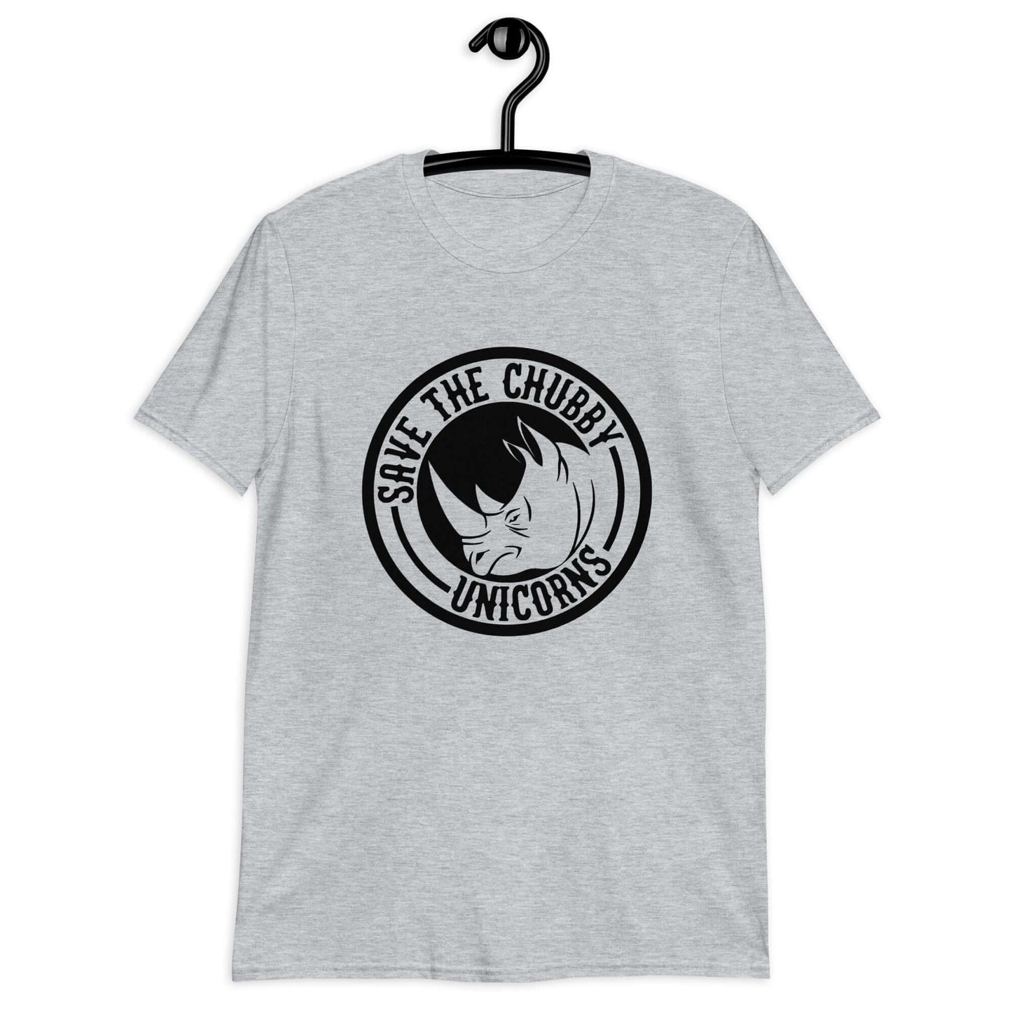 Sport grey t-shirt with a funny graphic of a rhinoceros & the words Save the chubby unicorns printed on the front.