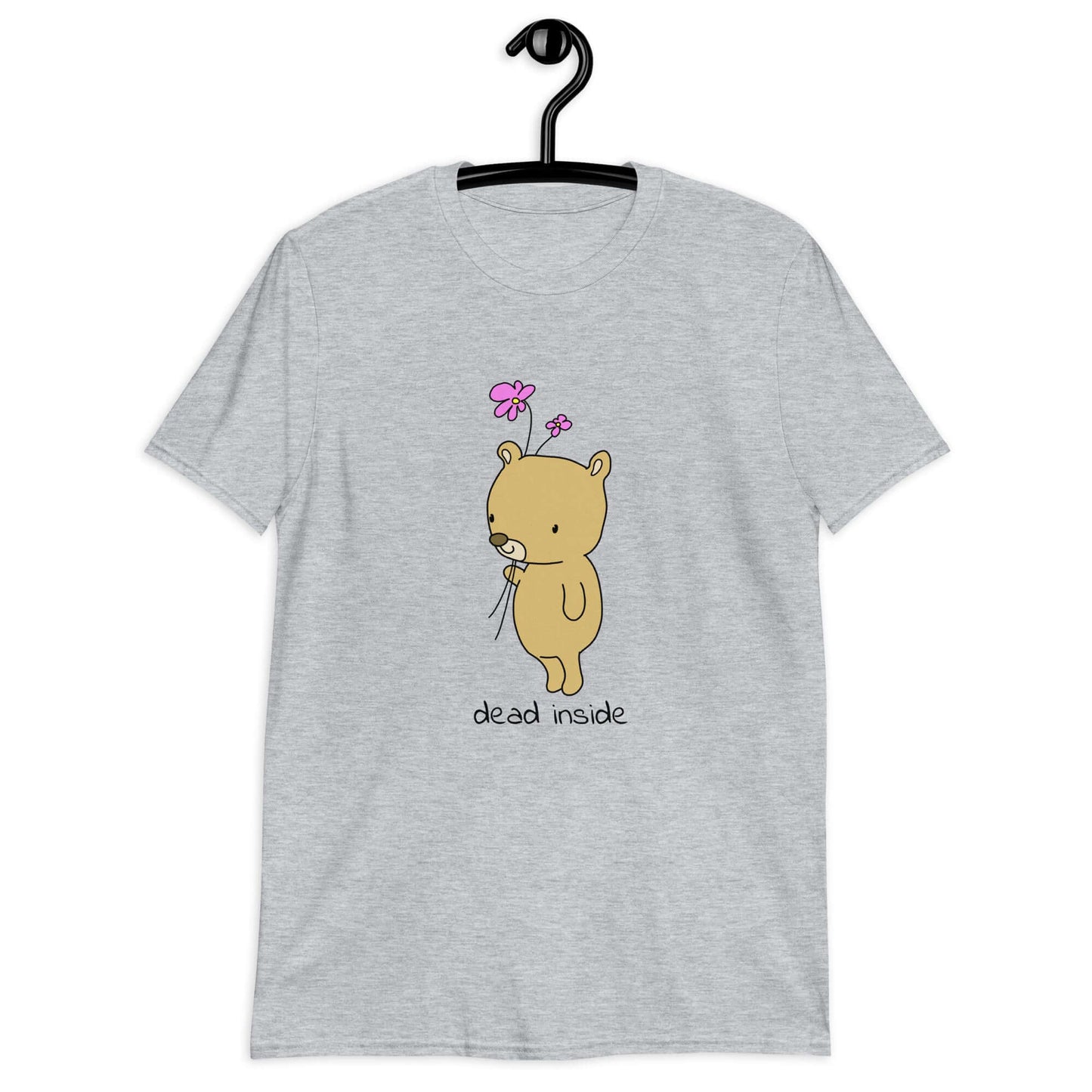 Sport grey t-shirt with an image of a cute bear holding 2 pink flowers. The words Dead inside are printed underneath the bear. The graphics are printed on the front of the shirt.