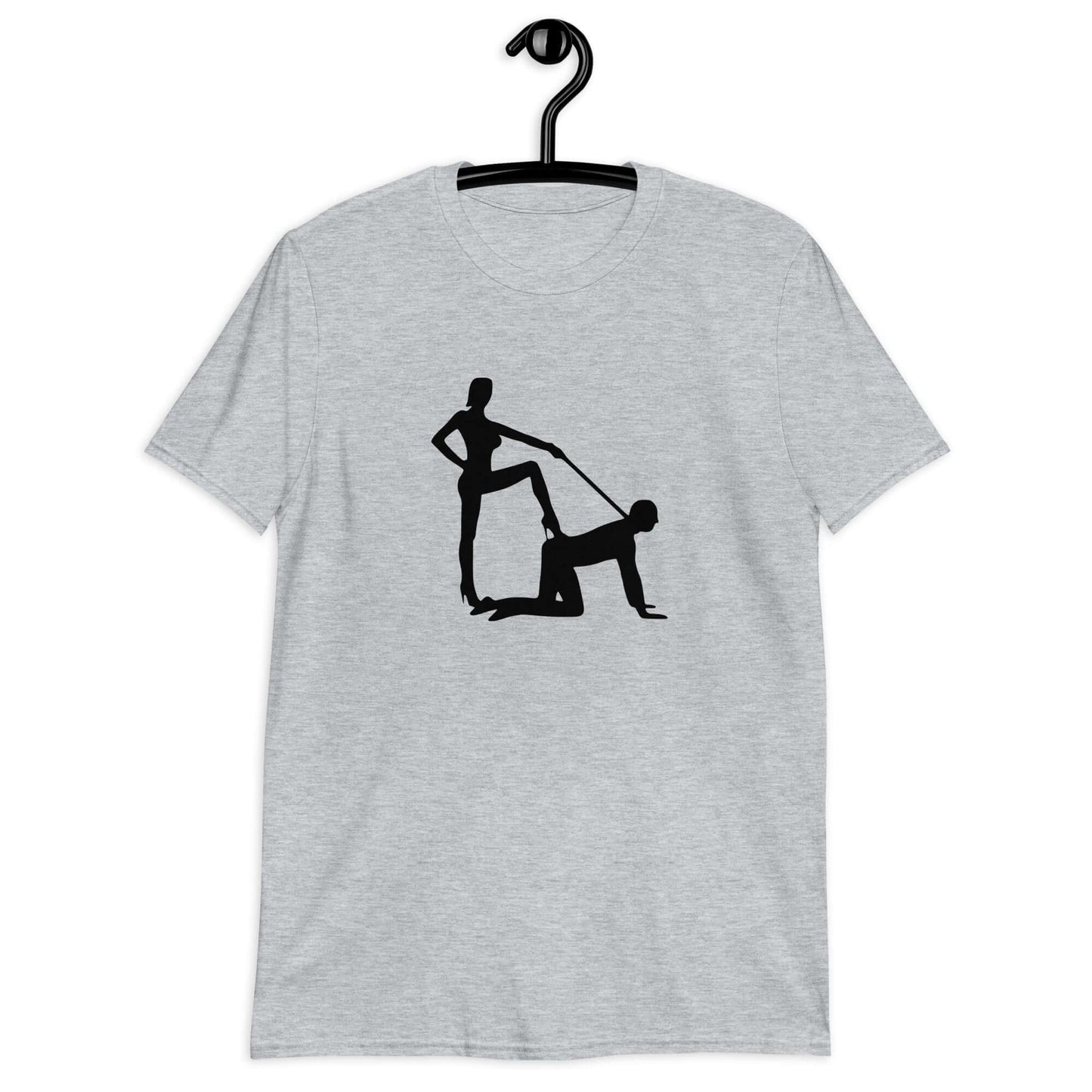 Sport grey t-shirt with the image of a silhouette of a man on his hands and knees and a dominatrix holding his leash printed on the front.