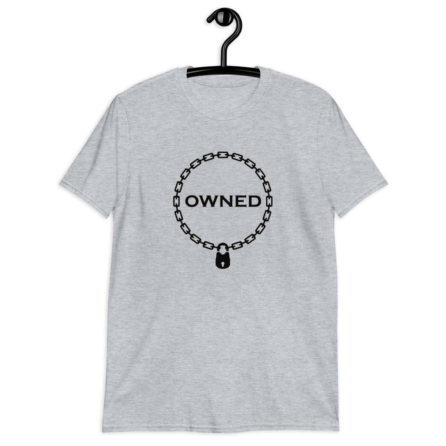 Sport grey t-shirt with an image of a BDSM chain collar with a lock and the word Owned printed in the center of the collar. The design is printed on the front of the shirt.