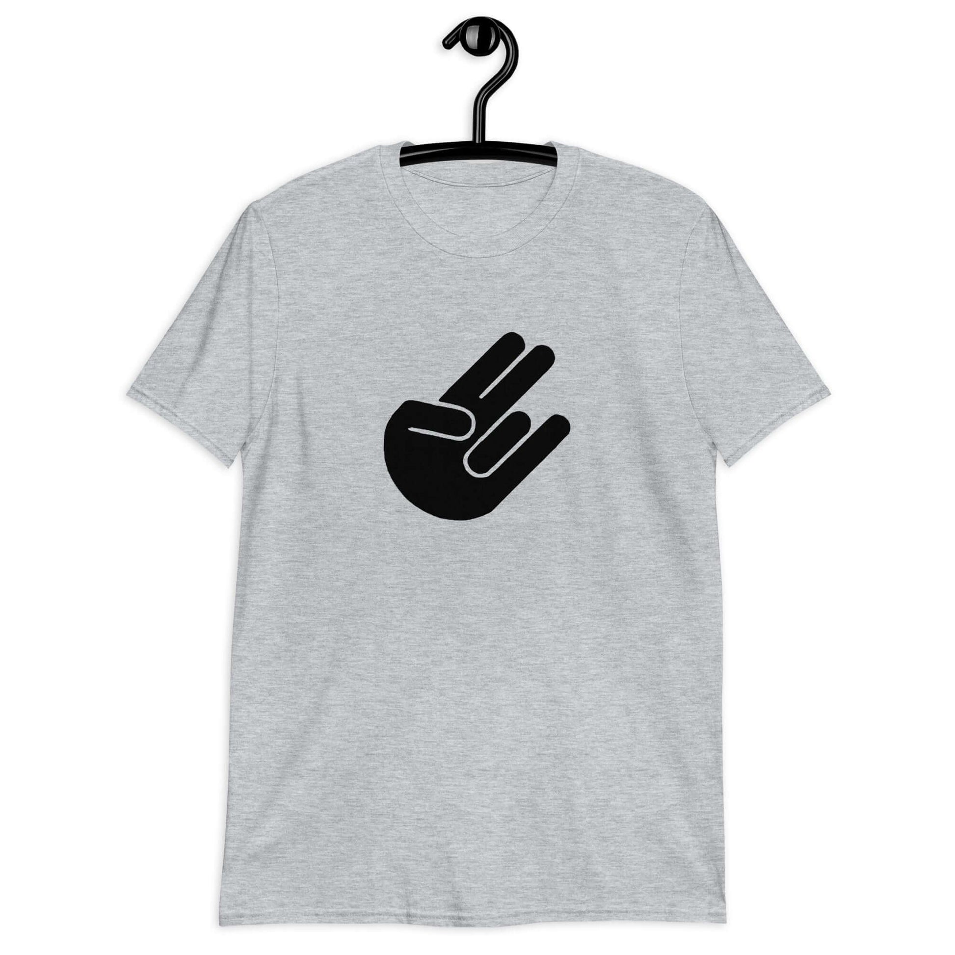 Sport grey t-shirt with the universal symbol for The Shocker printed on the front.