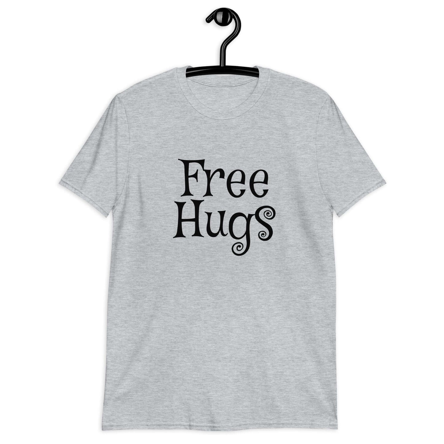 Sport grey t-shirt with the words Free Hugs printed on the front.