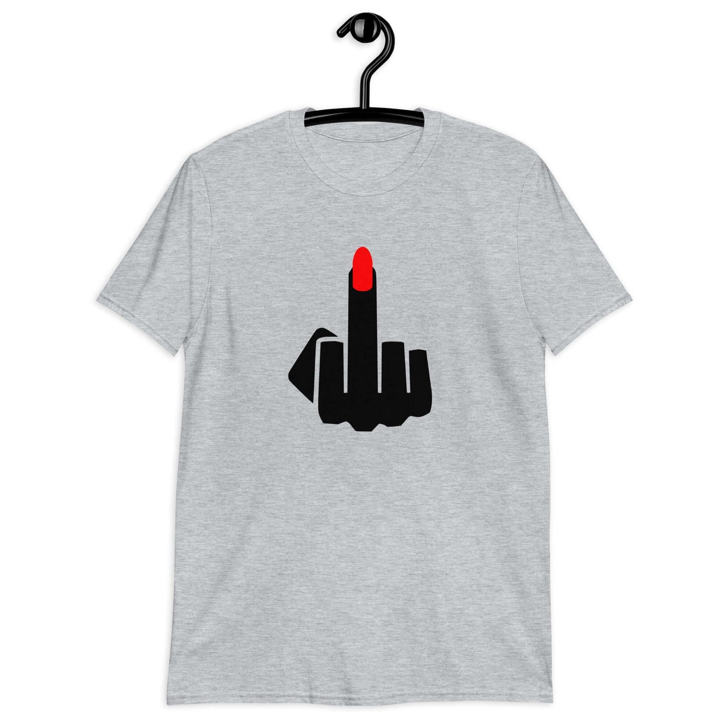 Sport grey t-shirt with an image of a middle finger with long red fingernail silhouette printed on the front.