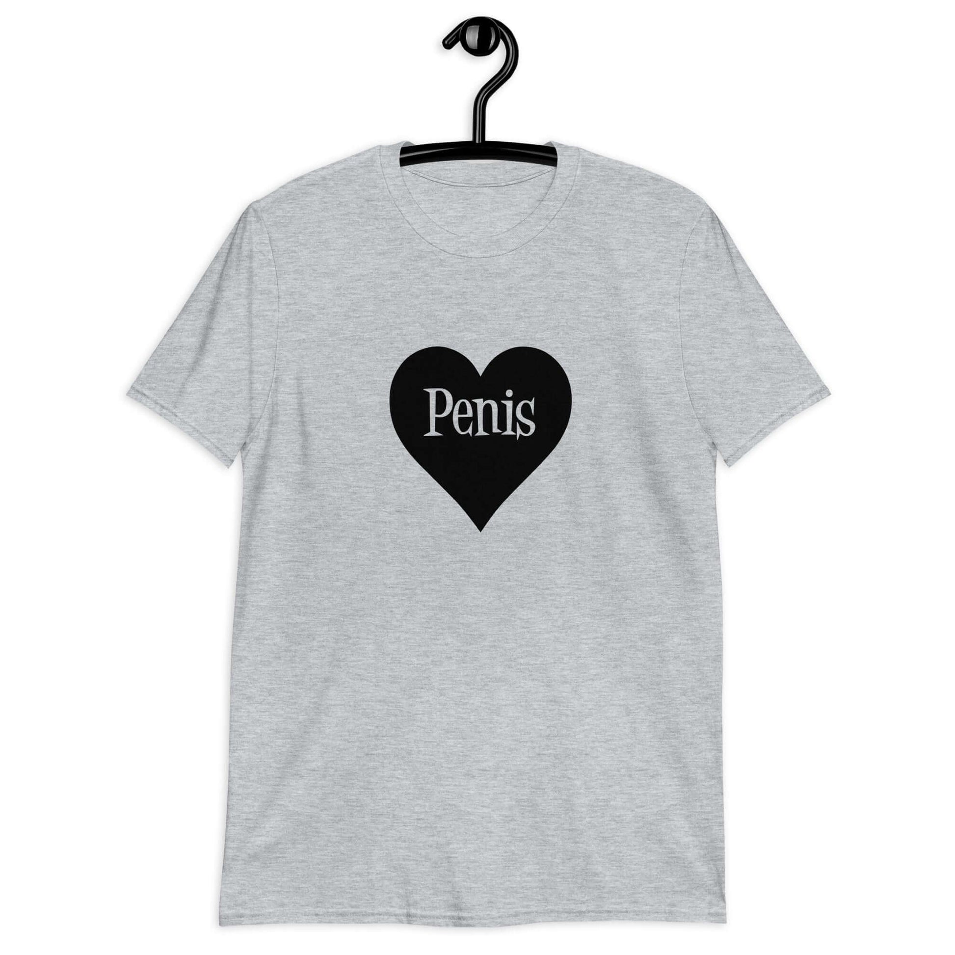 Sport grey t-shirt with a heart image printed on the front. The word penis is inside the heart