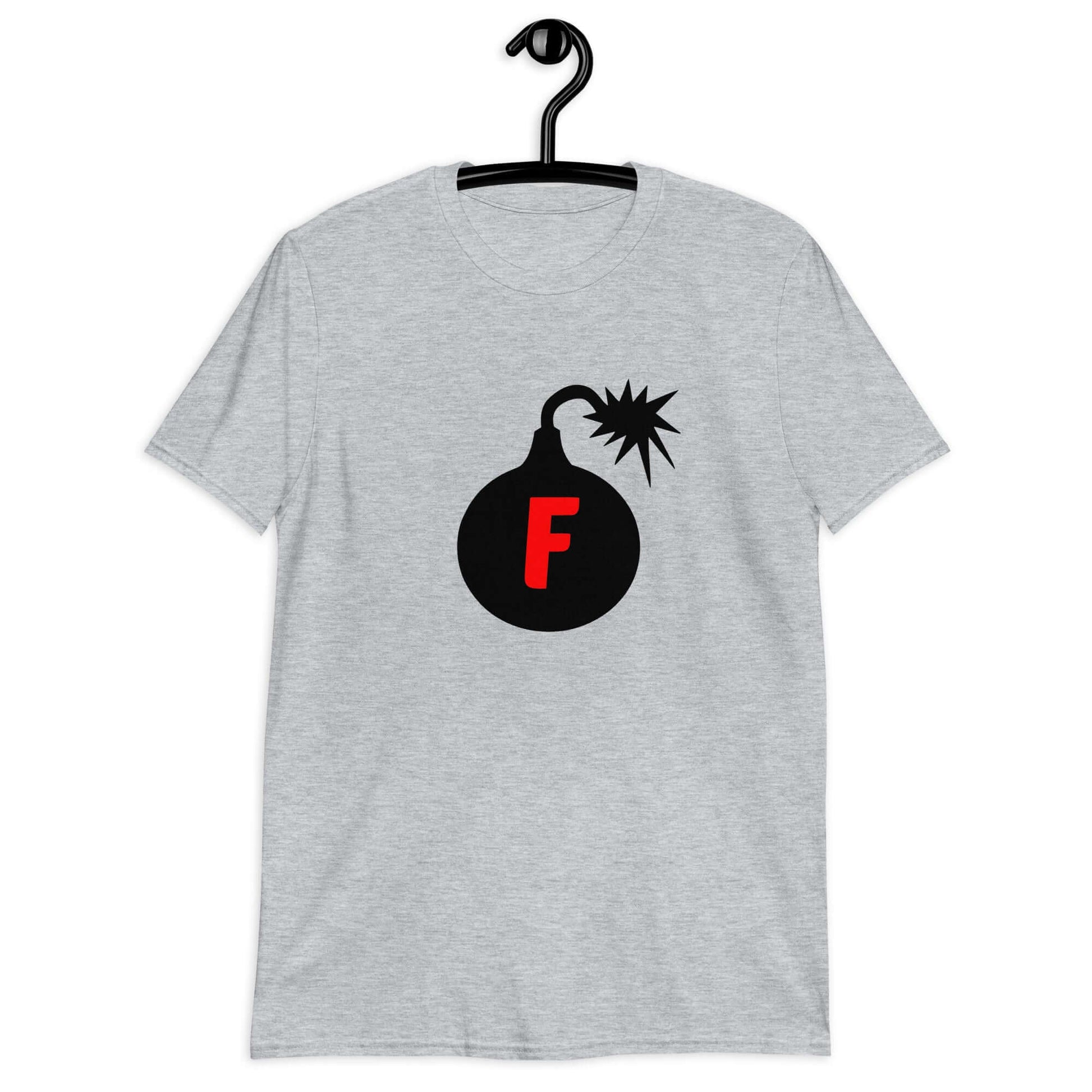 Sport grey t-shirt with an image of a bomb with the letter F printed in the center. The graphics are printed on the front of the shirt.