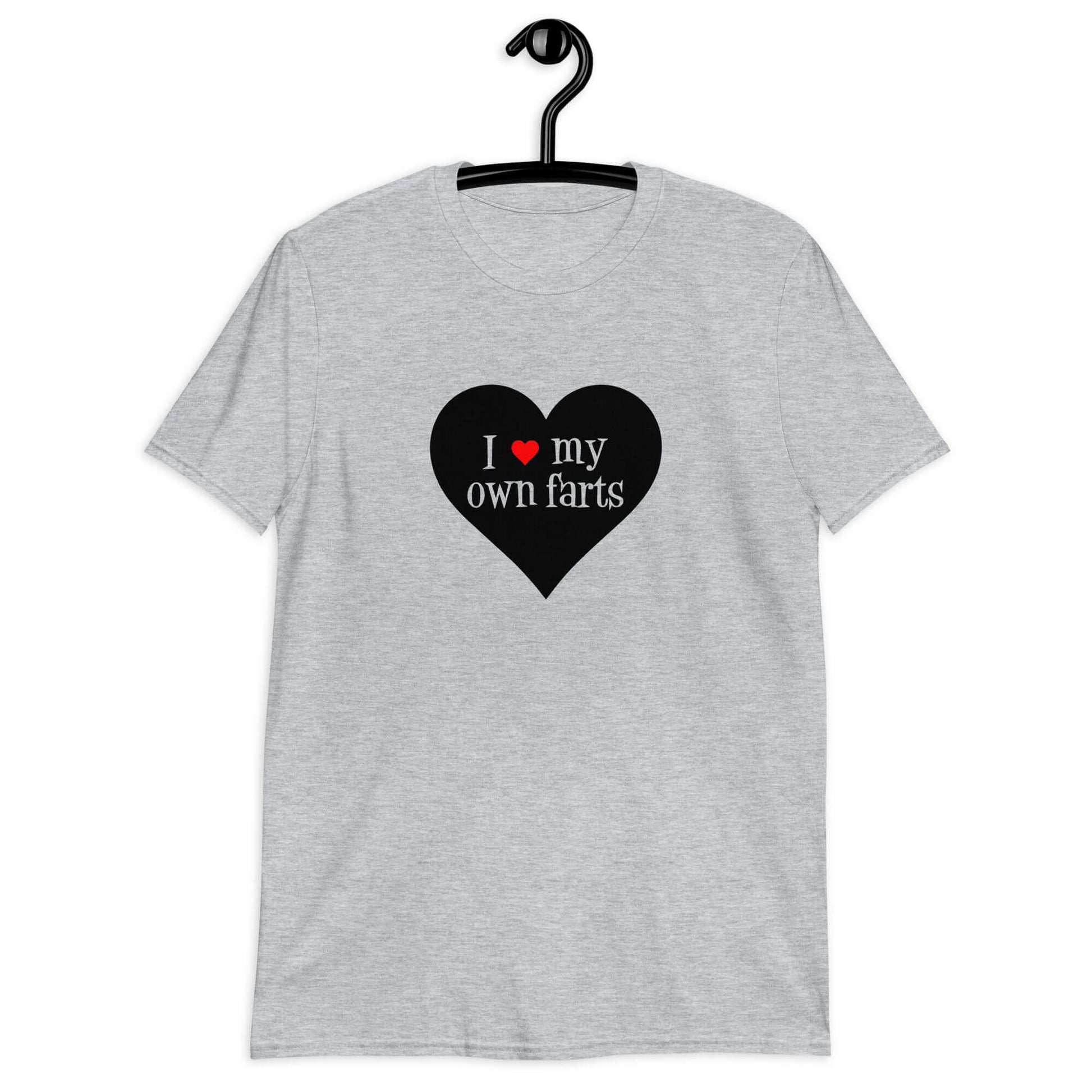 Sport grey t-shirt with I heart my own farts printed on the front. The words are printed inside of a larger heart image.