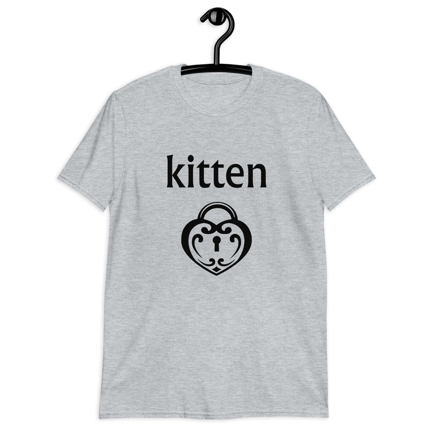 Sport grey t-shirt with an image of a heart shaped lock and the word kitten printed on the front.