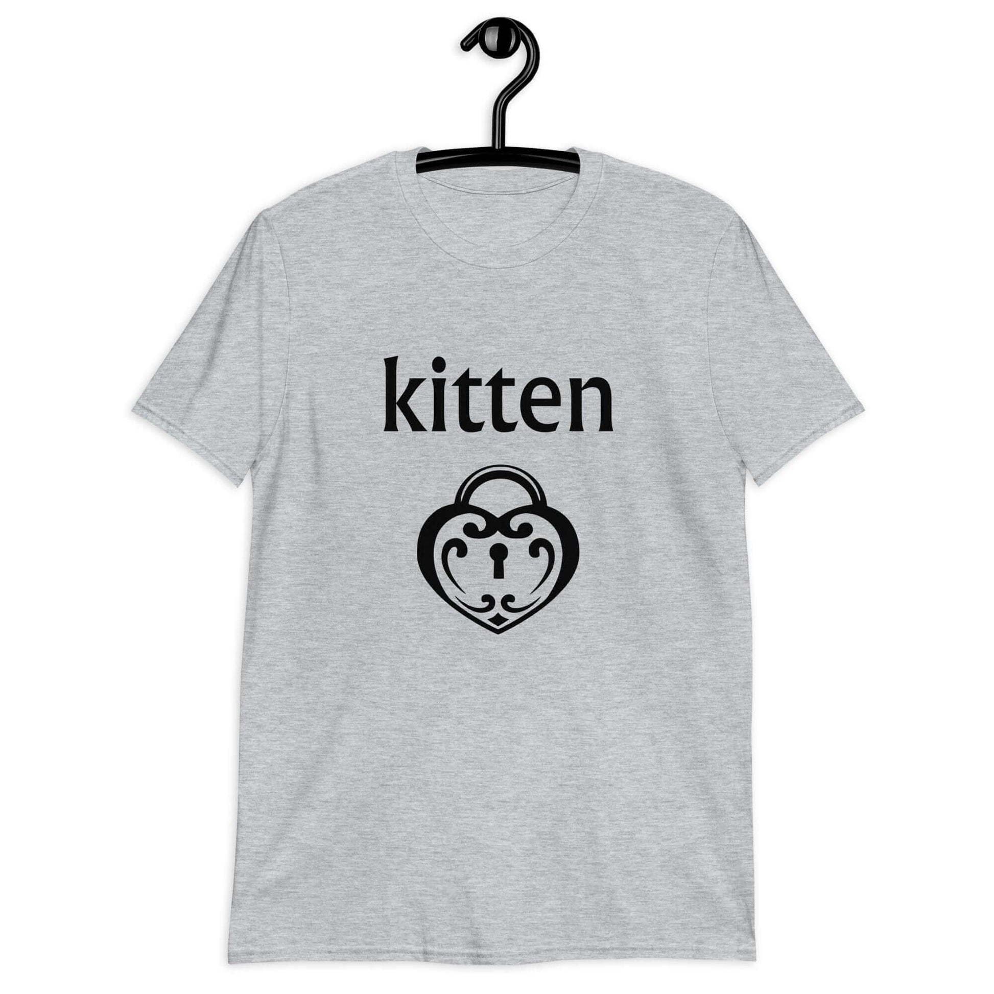 Sport grey t-shirt with an image of a heart shaped lock and the word kitten printed on the front.