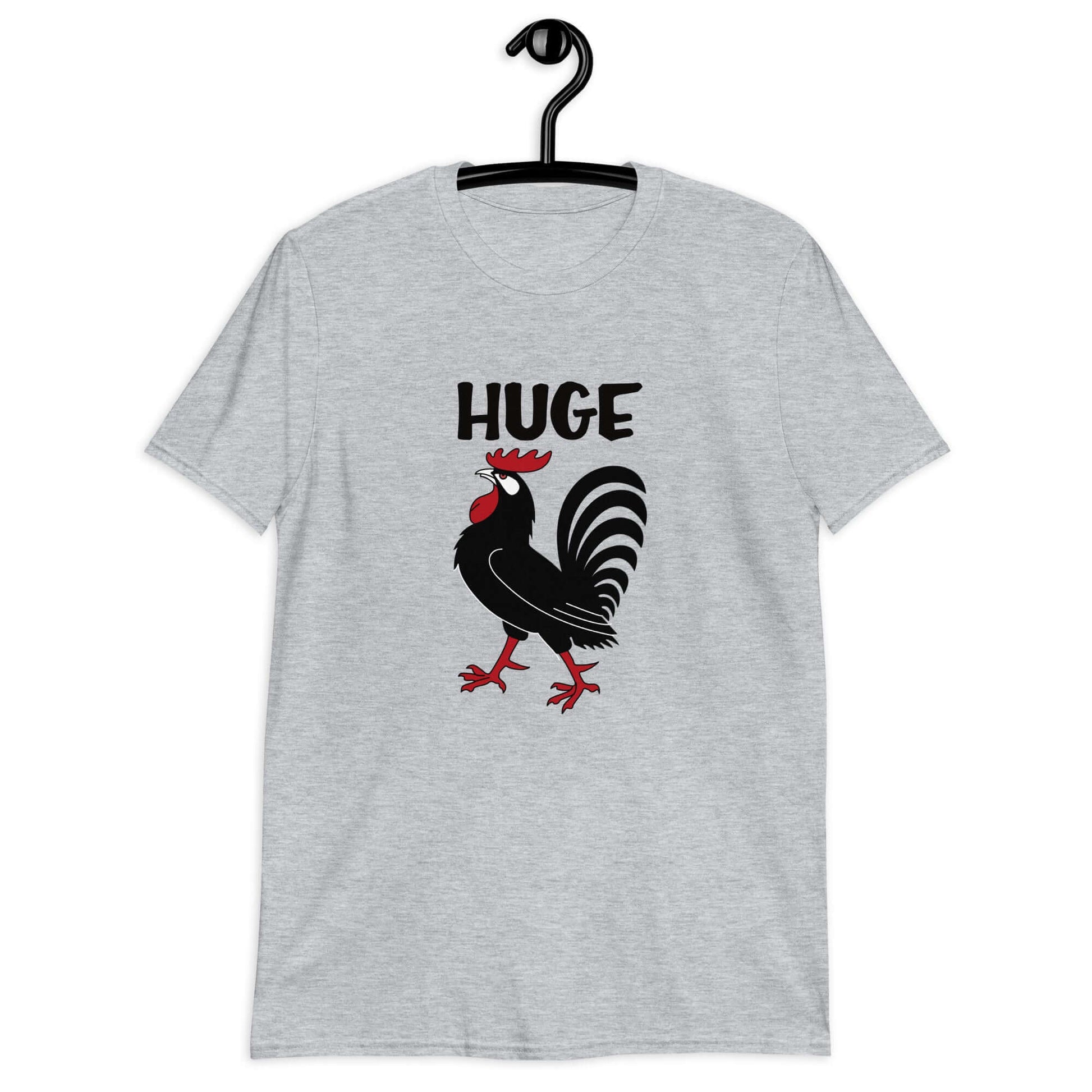 Sport grey t-shirt with an image of a rooster and the word Huge above the rooster printed on the front.