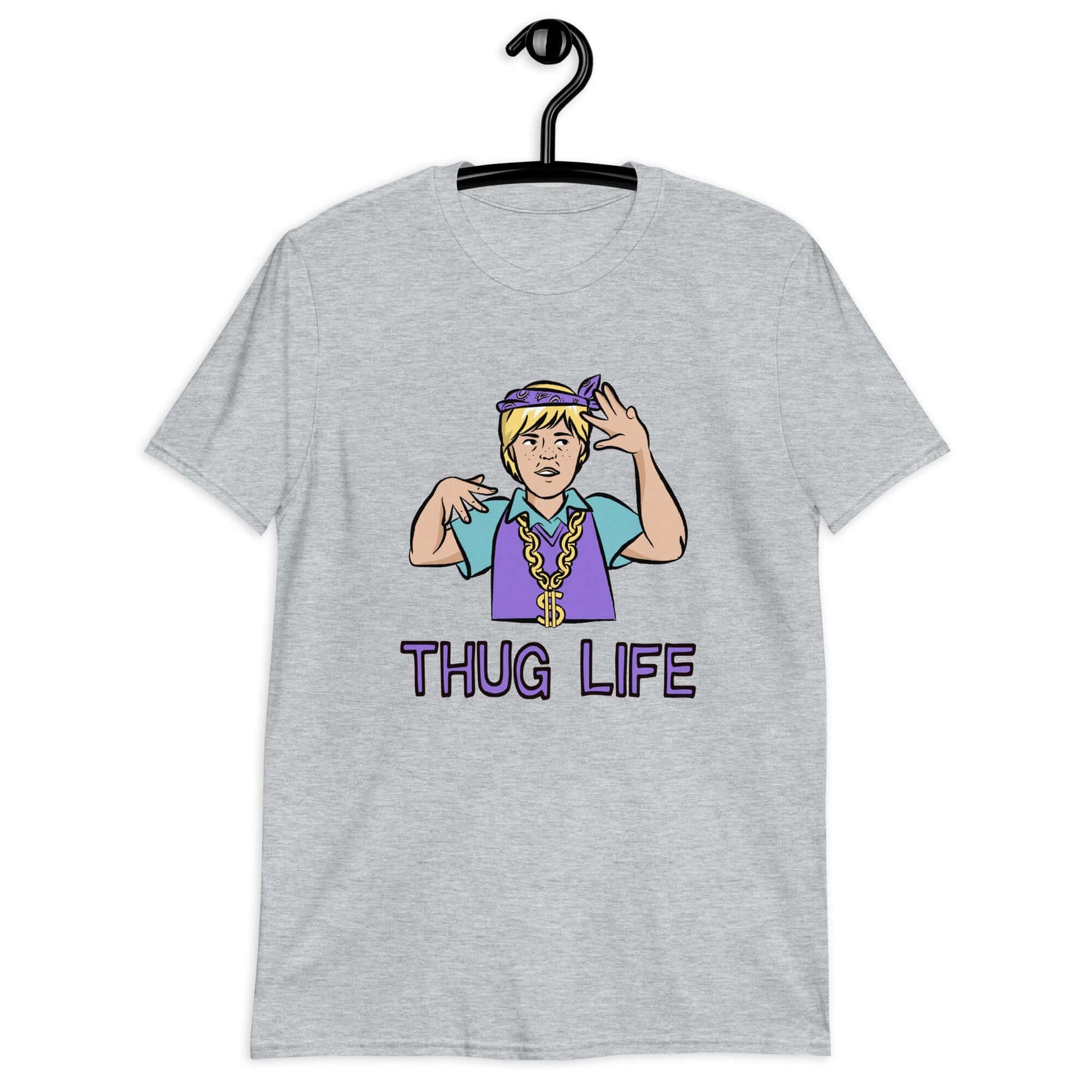 Sport grey t-shirt with a parody image of a blond haired child trying to be a gangster with the words Thug Life printed on the front.