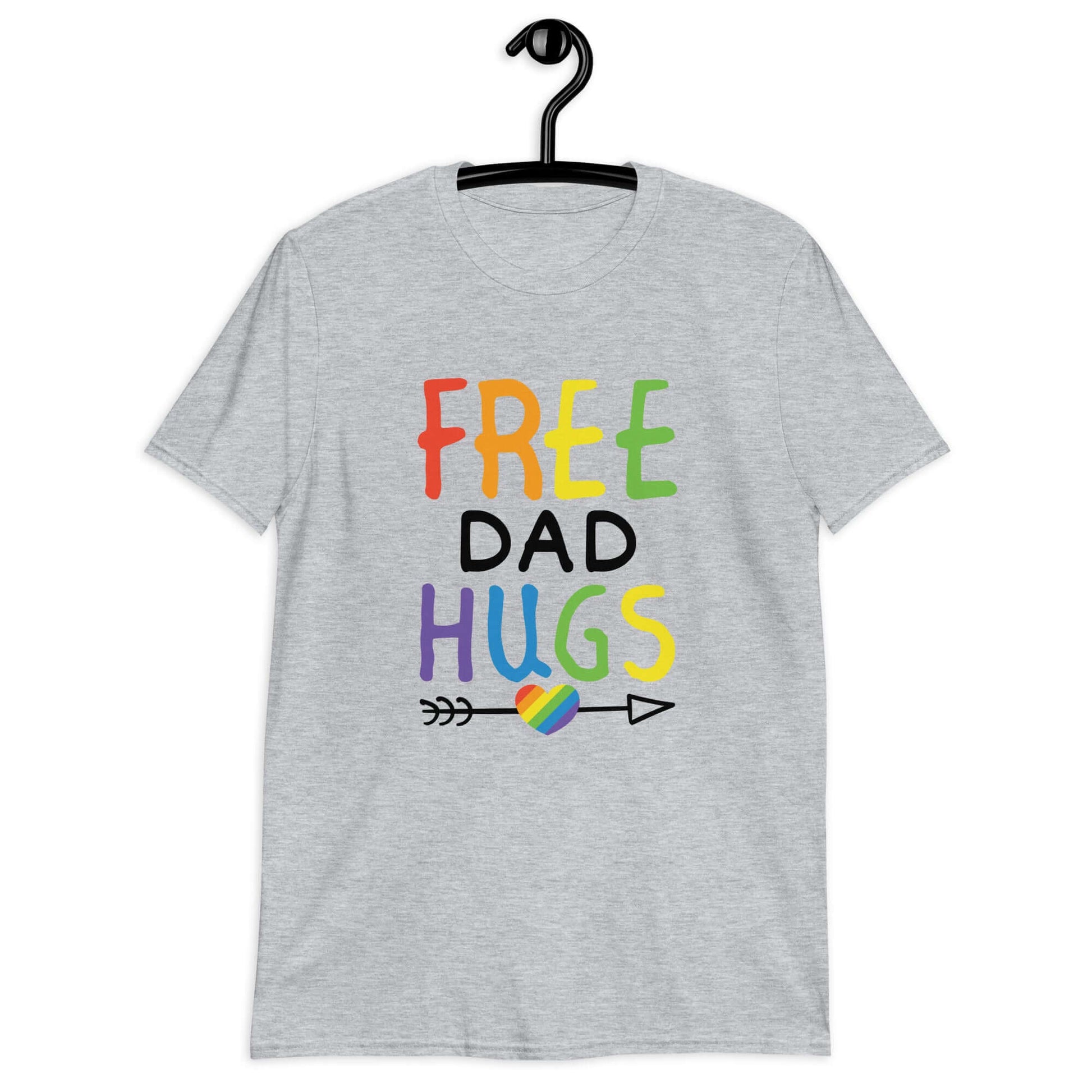 Sport grey t-shirt with the words Free Dad hugs printed on the front in rainbow letters.