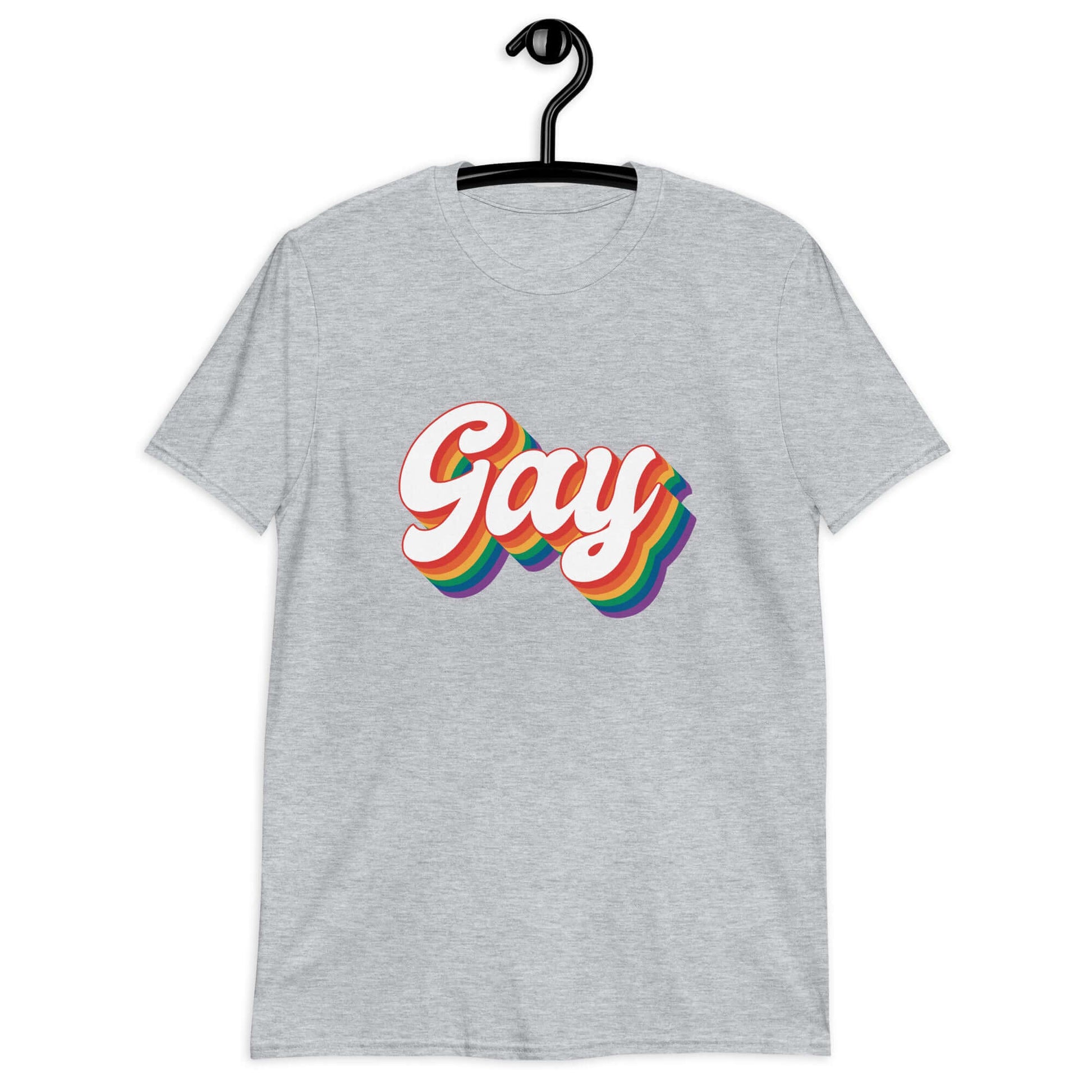 Sport grey t-shirt with the word Gay printed on the front. The word gay is outlined in rainbow.