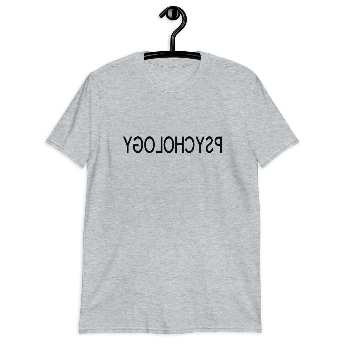 Sport grey t-shirt with the word Psychology printed in reverse on the front.