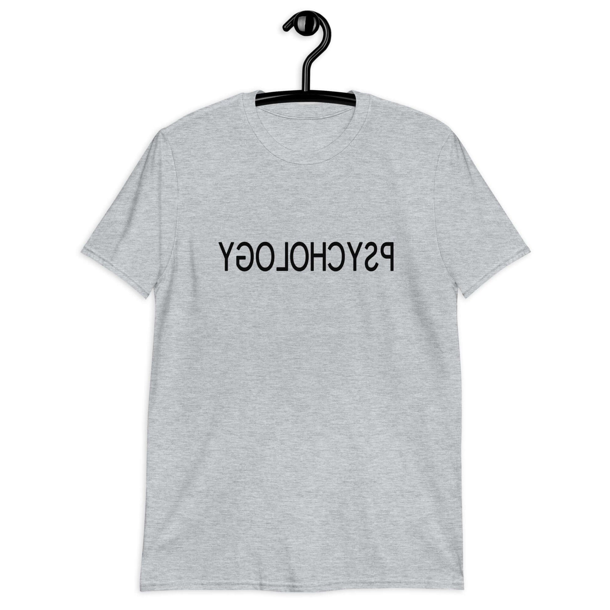 Sport grey t-shirt with the word Psychology printed in reverse on the front.