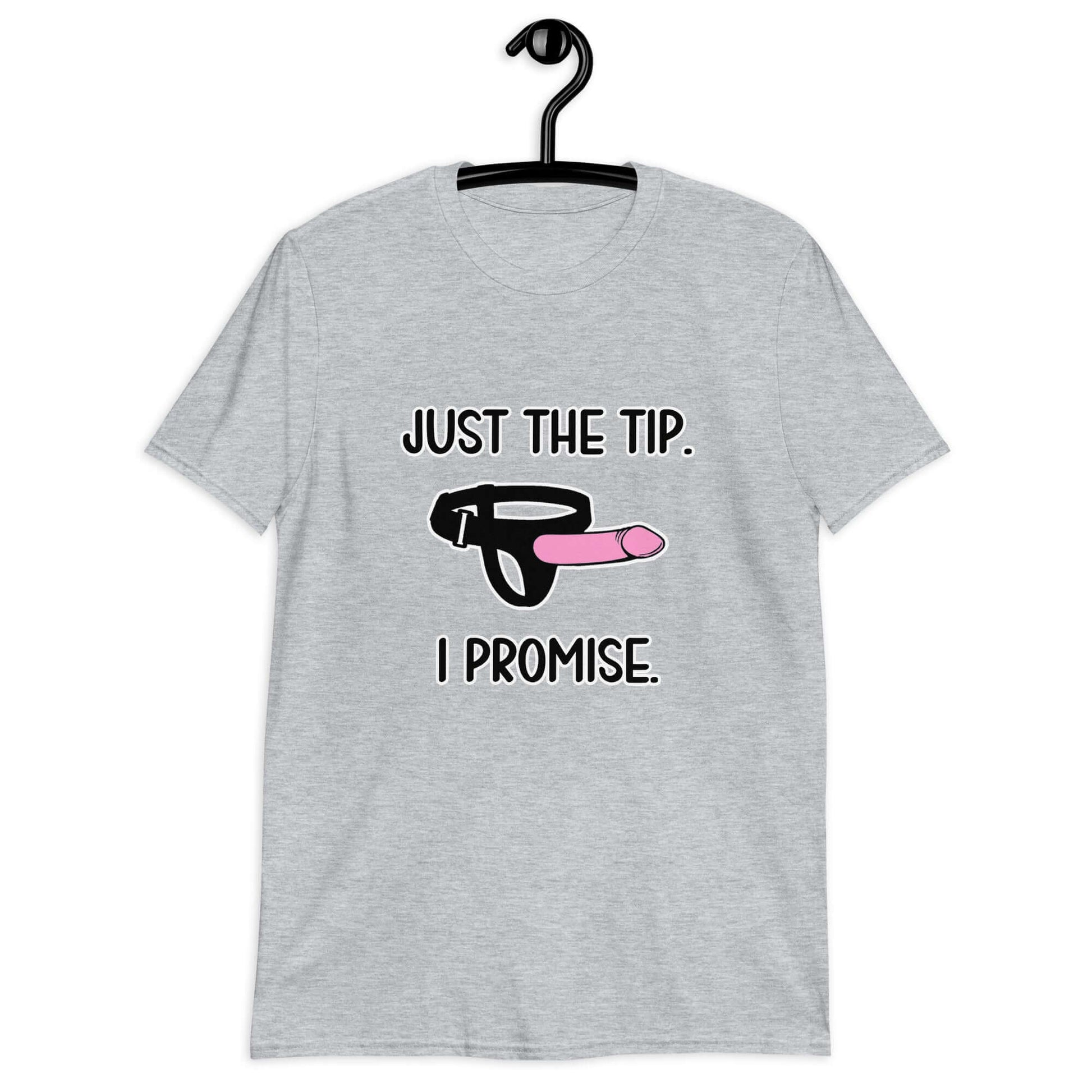 Sport grey t-shirt that has an image of a strap-on dildo and the words Just the tip, I promise printed on the front. The graphics are pink, black and white.