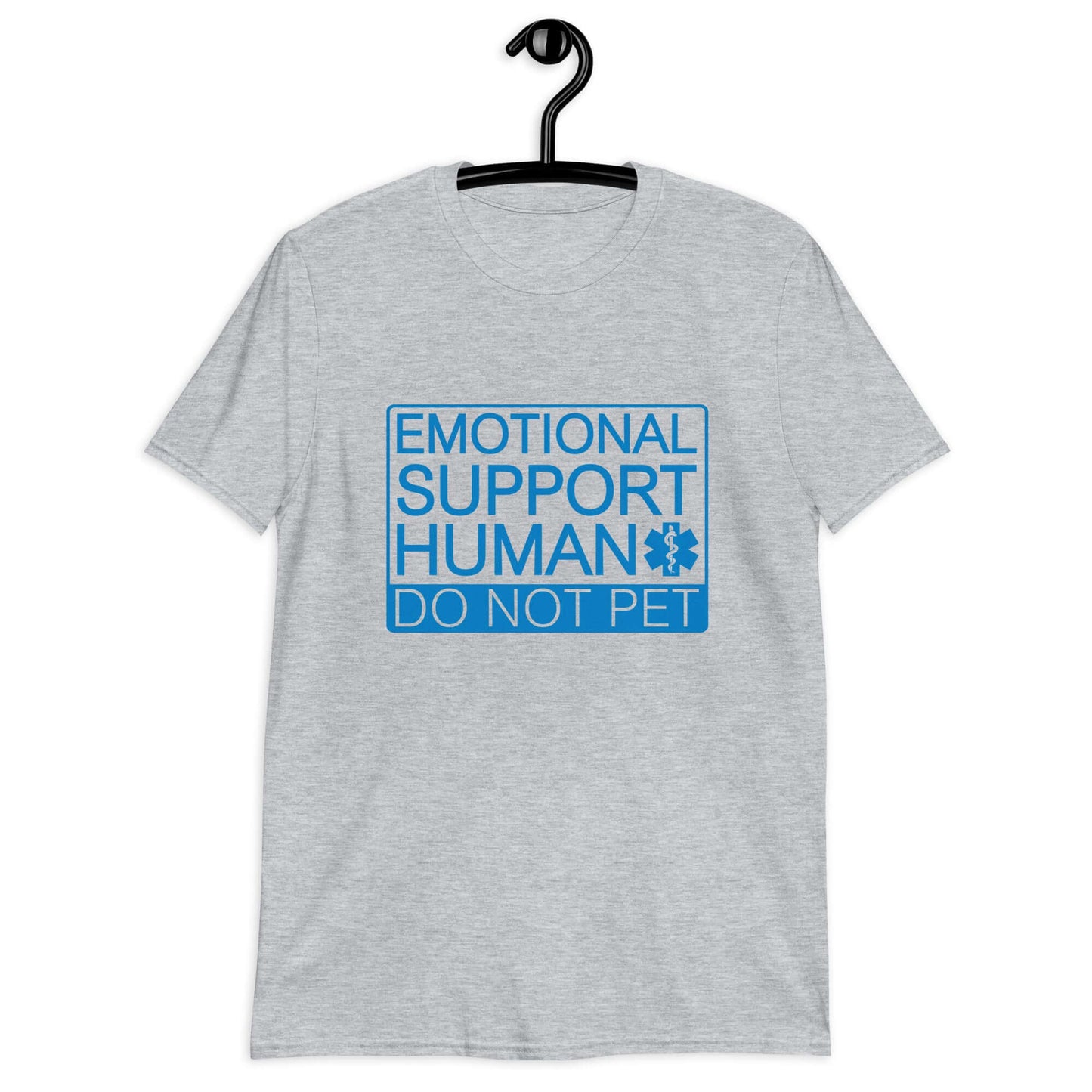 Sport grey t-shirt with the words Emotional support human, do not pet printed on the front.