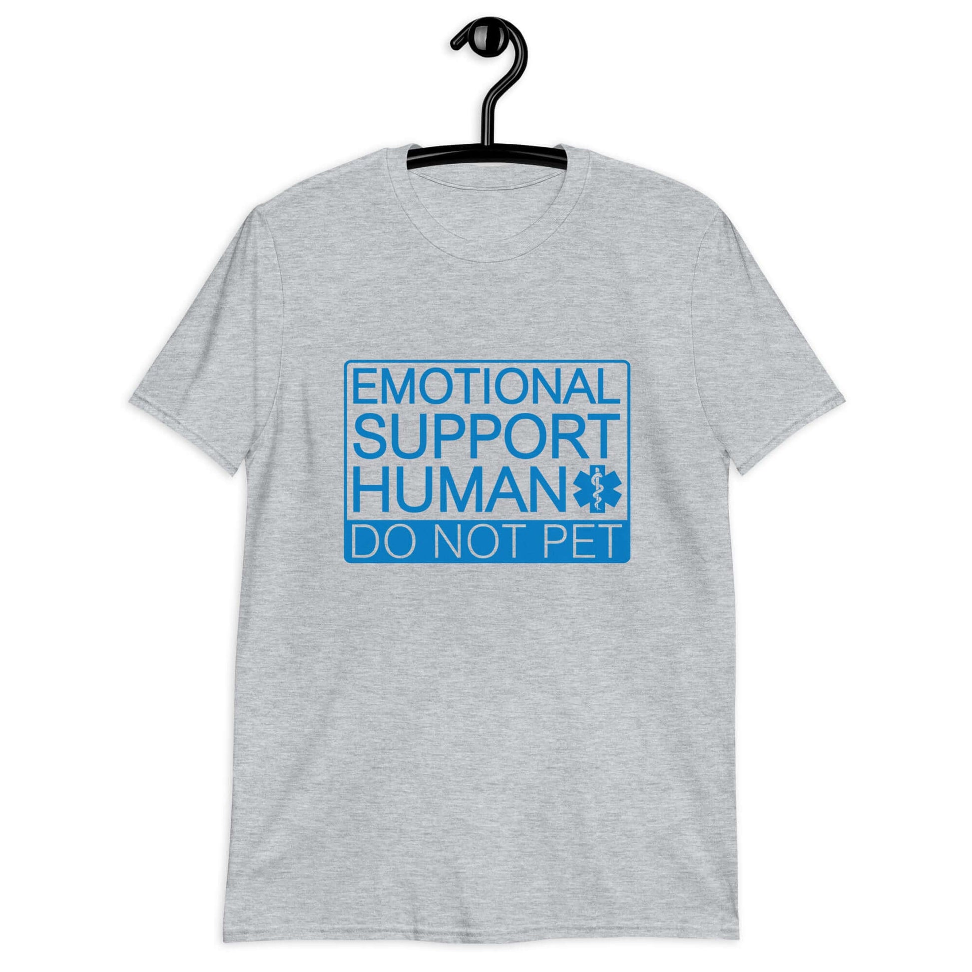 Sport grey t-shirt with the words Emotional support human, do not pet printed on the front.
