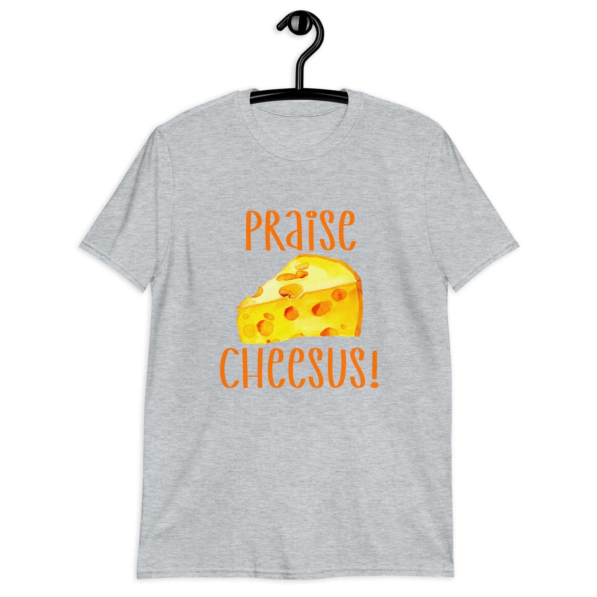 Sport grey t-shirt with funny graphics of a piece of swiss cheese and the words Praise Cheesus printed on the front of the hoodie in yellow and orange.