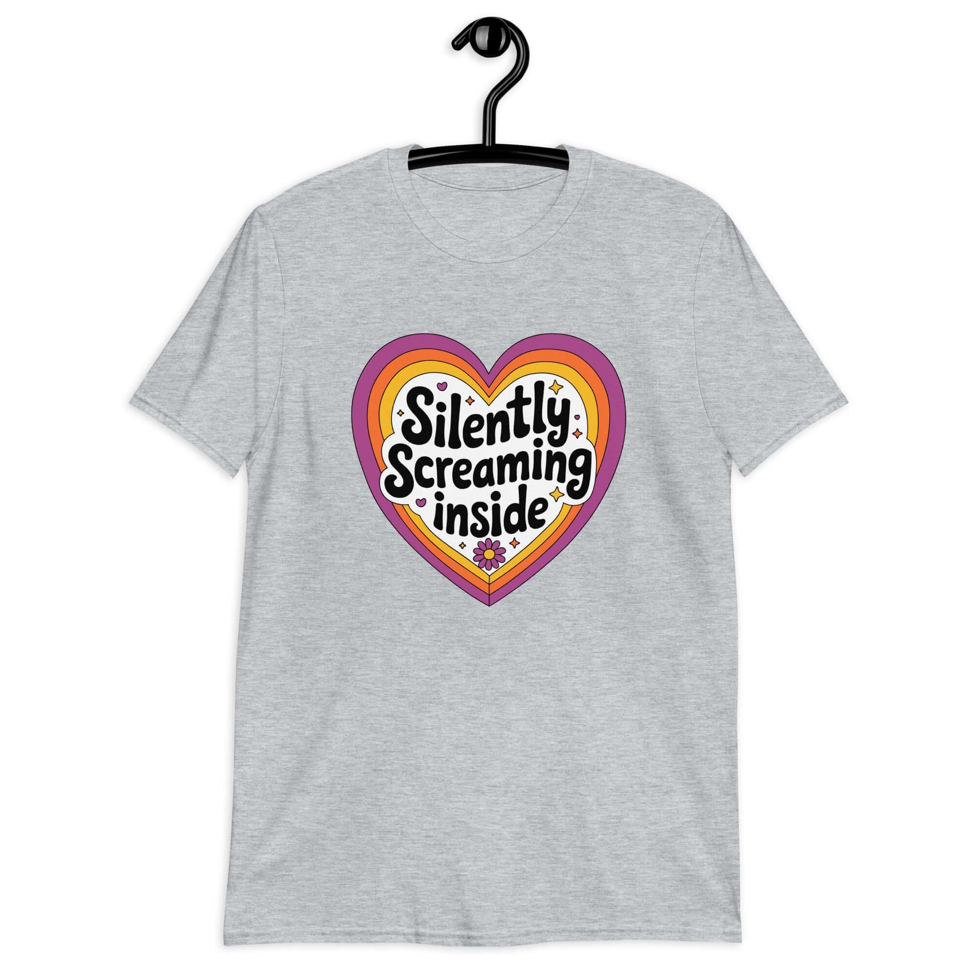 Sport grey t-shirt with a graphic that says Silently screaming inside. The graphics are printed on the front of the shirt.