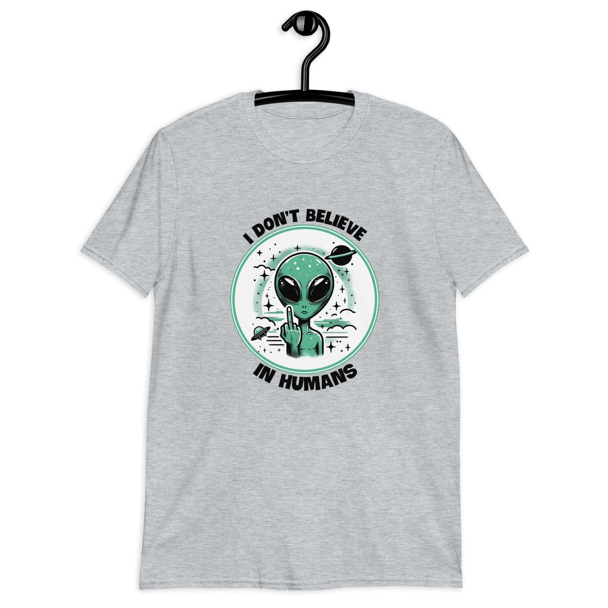 Sport grey t-shirt with an image of an alien flipping the middle finger. The words I don't believe in humans are printed around the image. The graphics are printed on the front of the shirt.