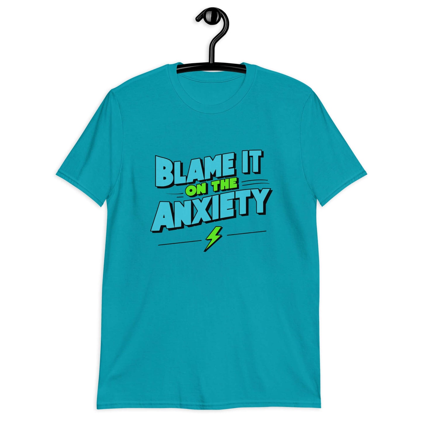 Tropical blue t-shirt with the phrase Blame is on the anxiety printed on the front. The graphics are bold and in aqua and lime green.