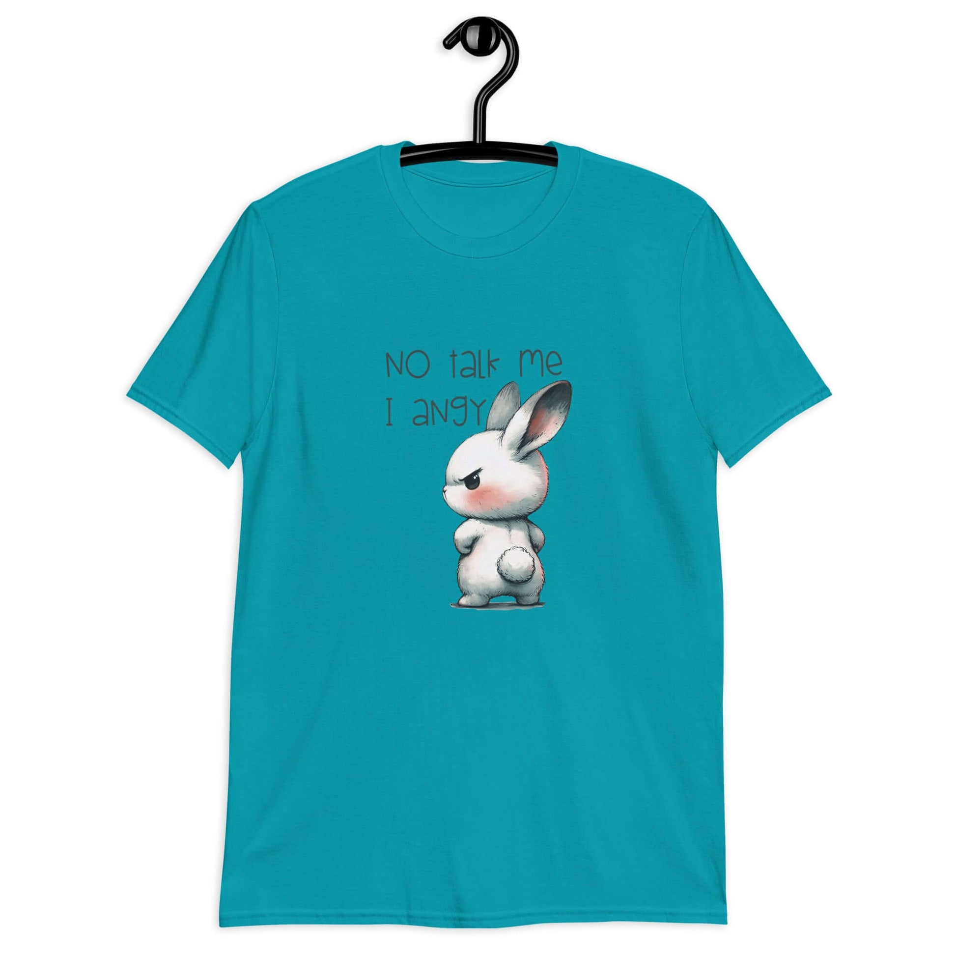 Tropical blue t-shirt with an image of an angry bunny with the phrase No talk me I angy printed on the front.