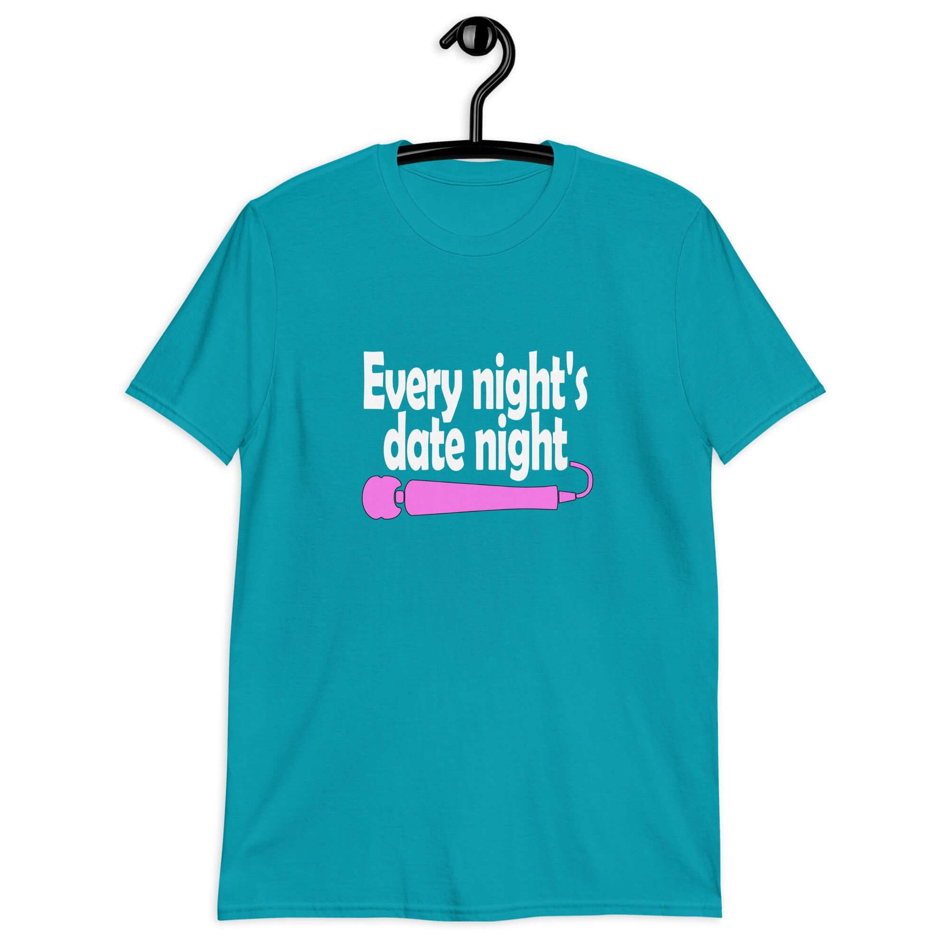 Tropical blue hoodie sweatshirt with the phrase Every night is date night with a hot pink wand vibrator printed beneath. The graphics are printed on the front of the hoodie.