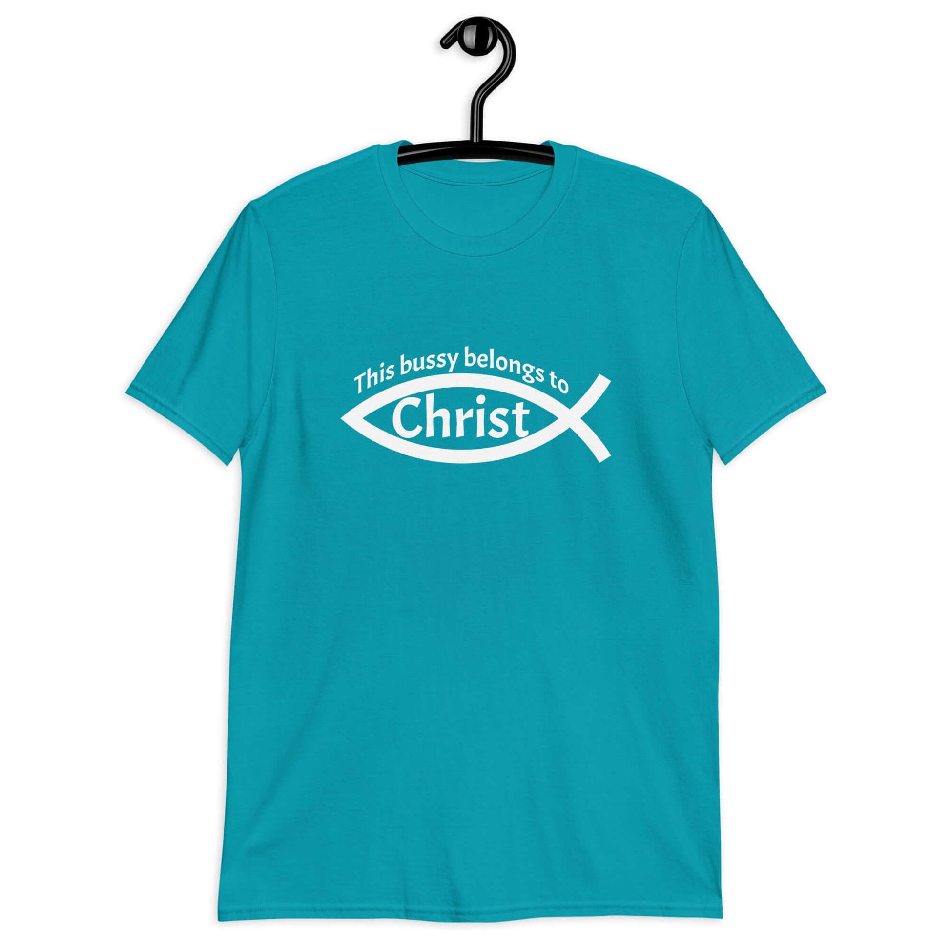 Tropical blue t-shirt with This bussy belongs to Christ inside of a Christian fish symbol printed on the front.