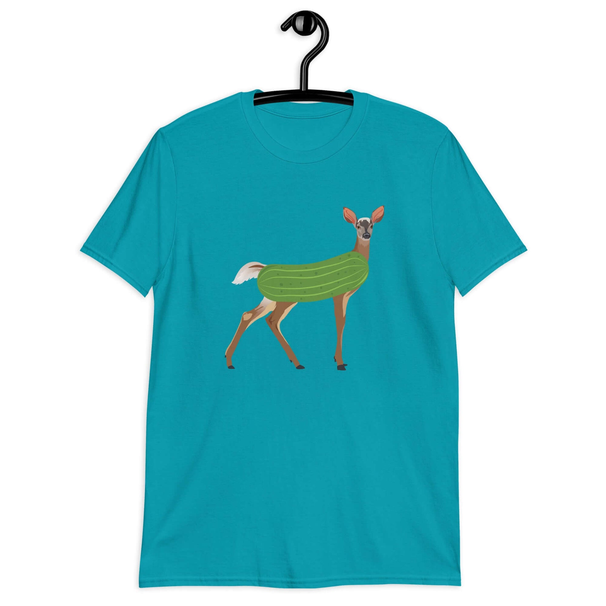 Tropical blue dildo pun t-shirt with funny image of a doe deer with a dill pickle body printed on the front.