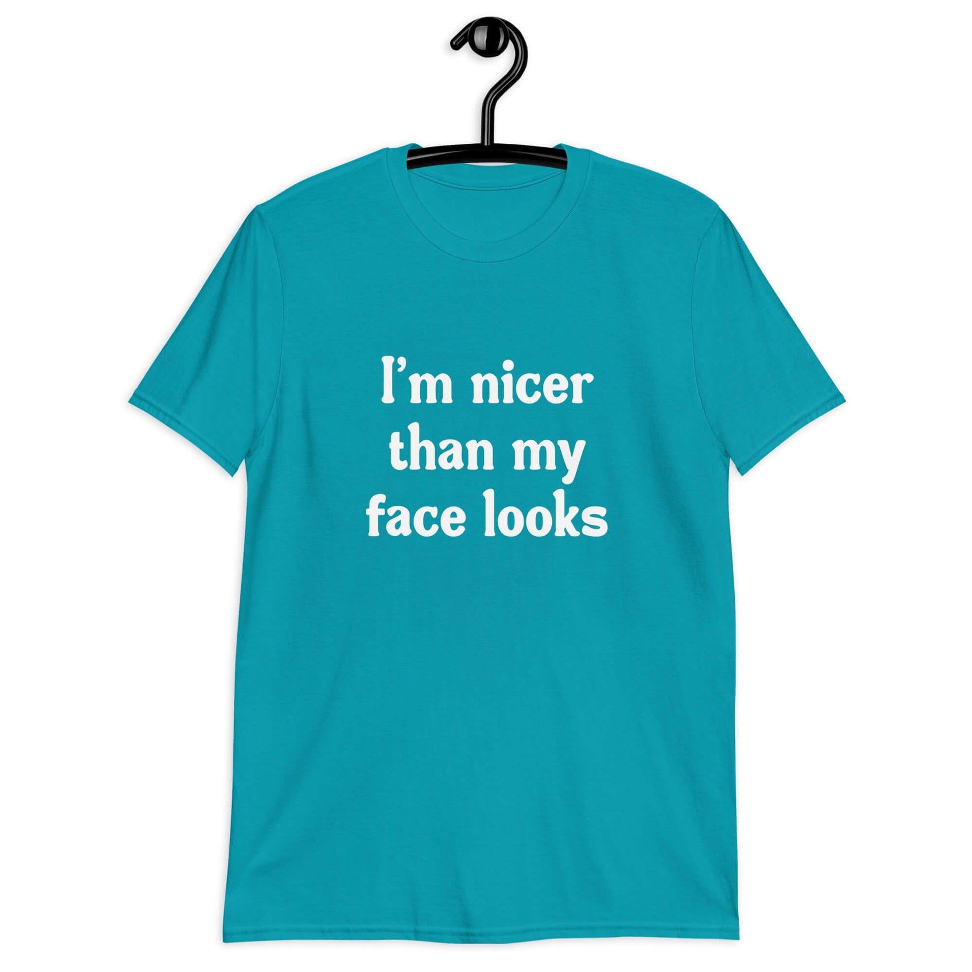 Tropical blue t-shirt with the phrase I'm nicer than my face looks printed on the front.