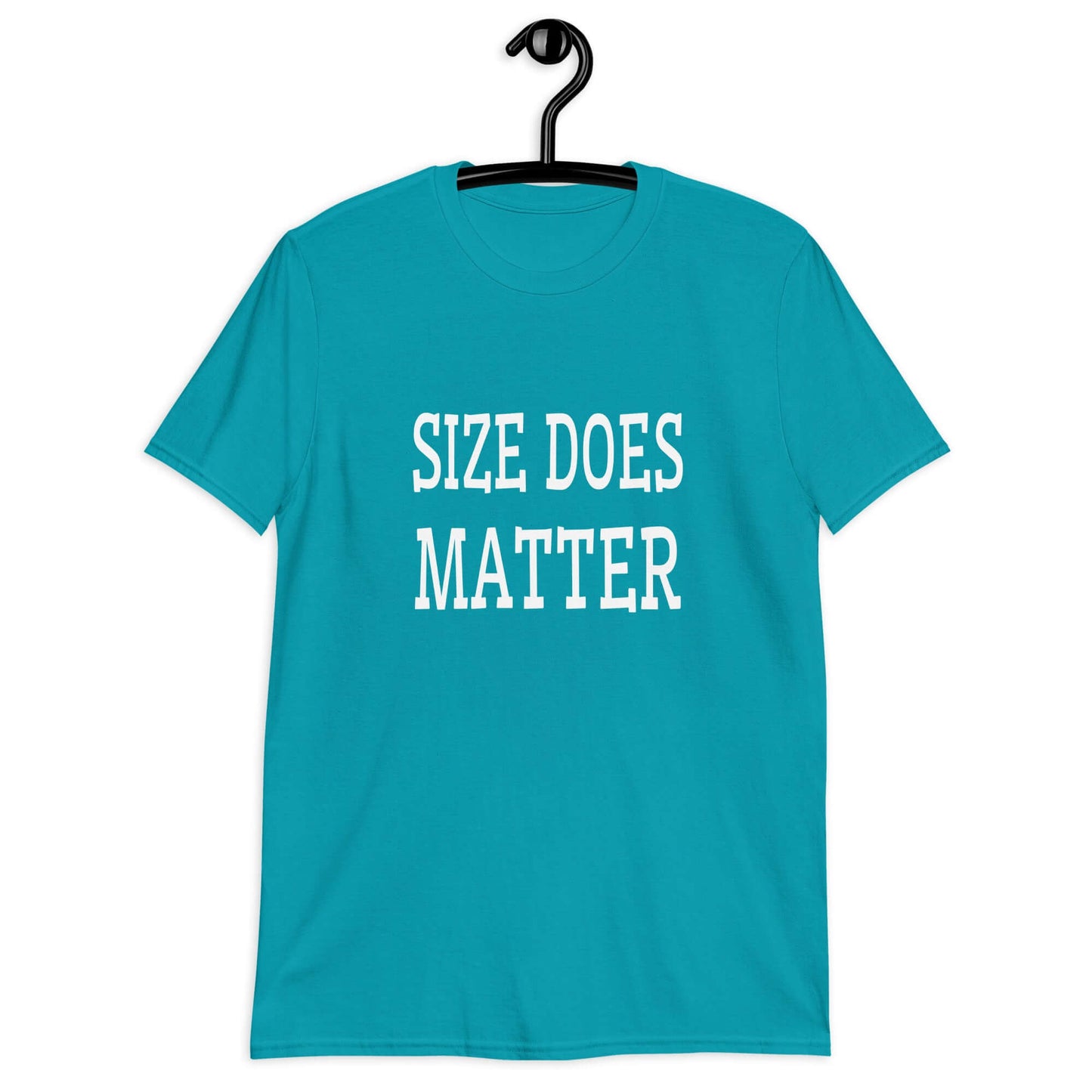 Tropical blue t-shirt with the phrase Size does matter printed on the front.
