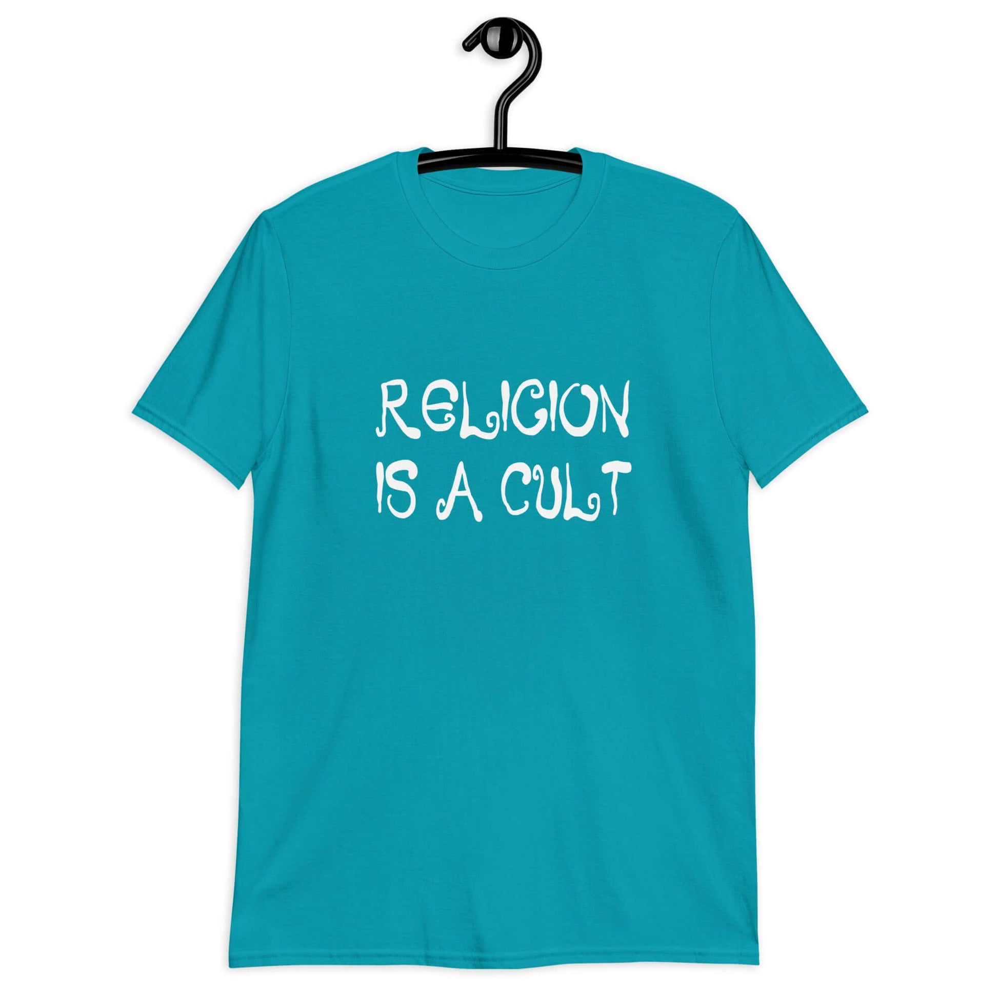 Tropical blue t-shirt with the phrase Religion is a cult printed on the front.