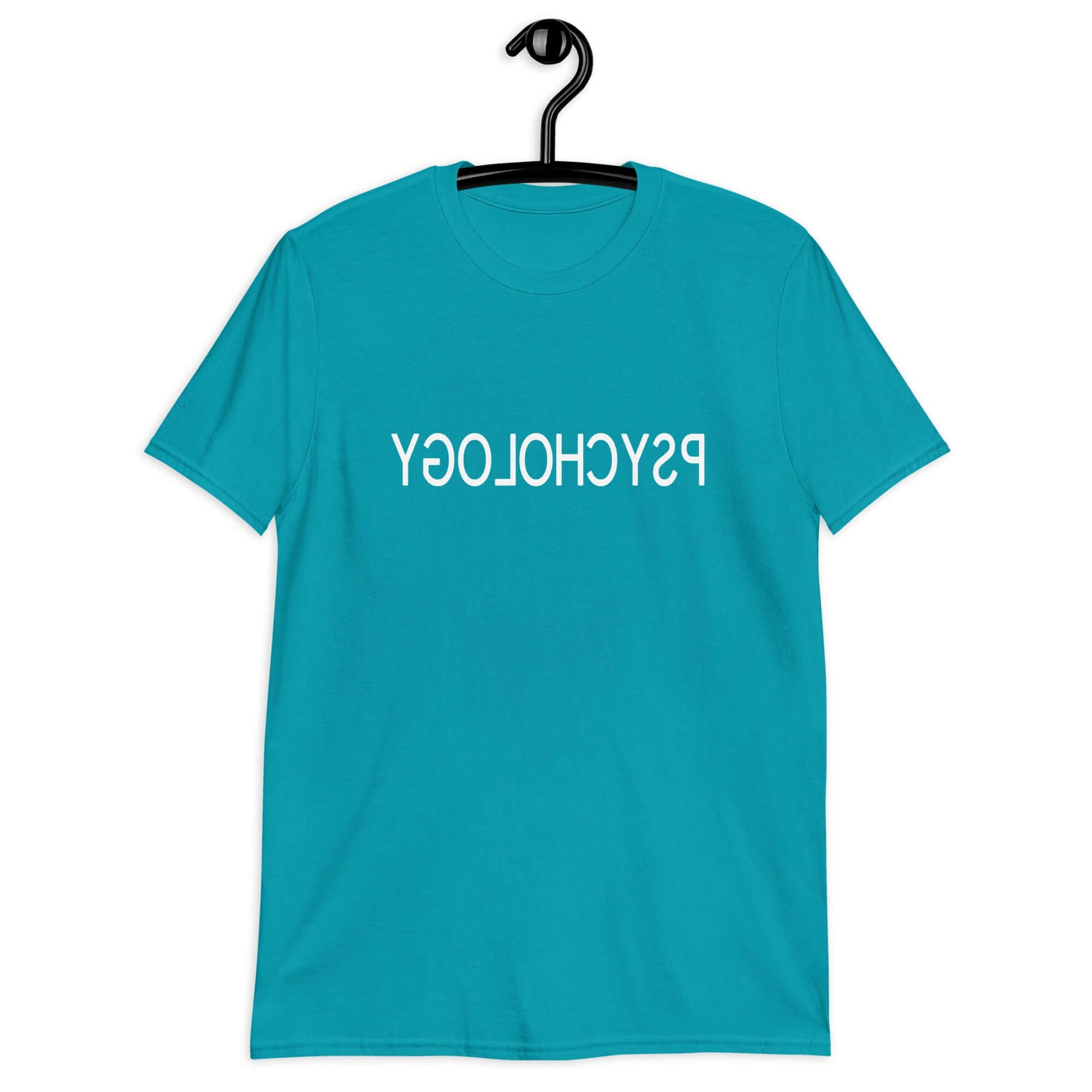 Tropical blue t-shirt with the word Psychology printed in reverse on the front.