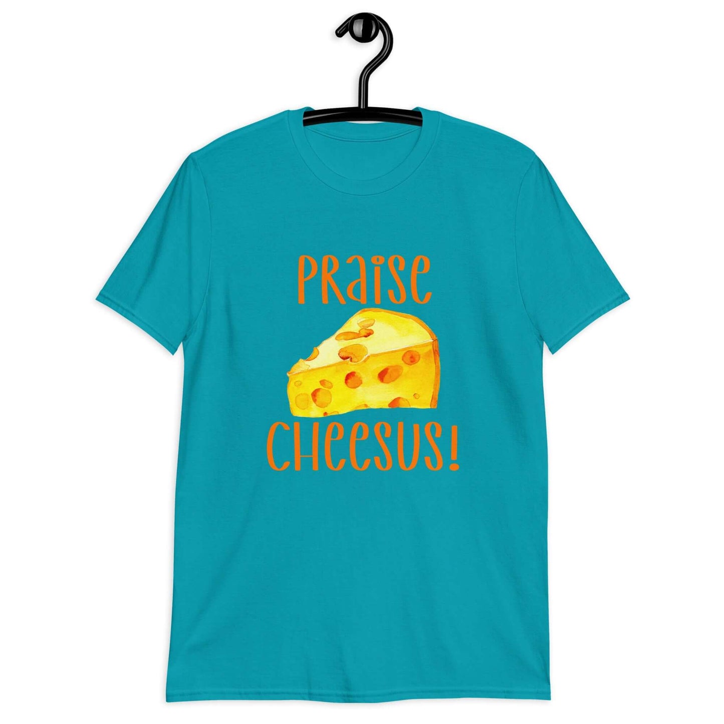 Tropical blue t-shirt with funny graphics of a piece of swiss cheese and the words Praise Cheesus printed on the front of the hoodie in yellow and orange.