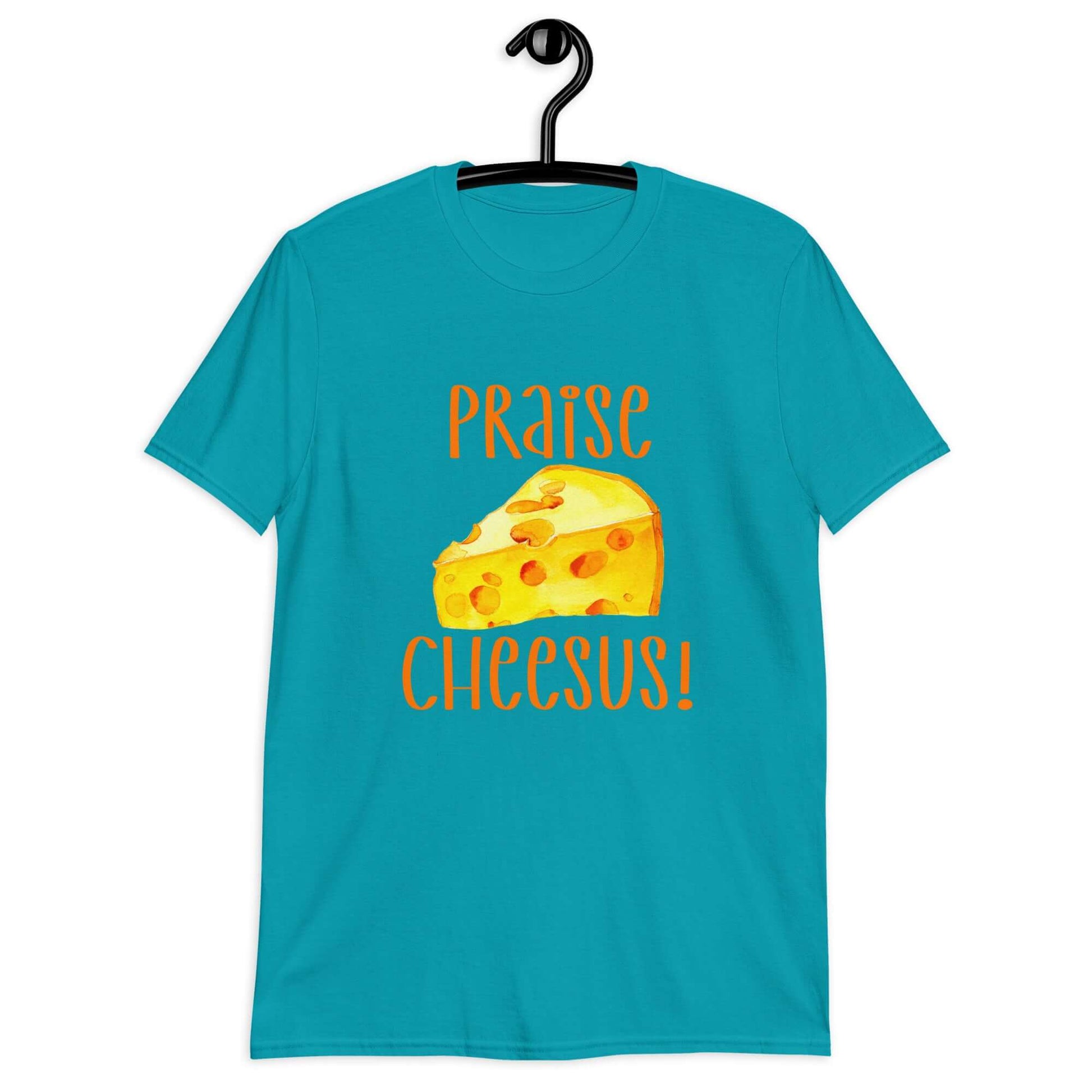 Tropical blue t-shirt with funny graphics of a piece of swiss cheese and the words Praise Cheesus printed on the front of the hoodie in yellow and orange.