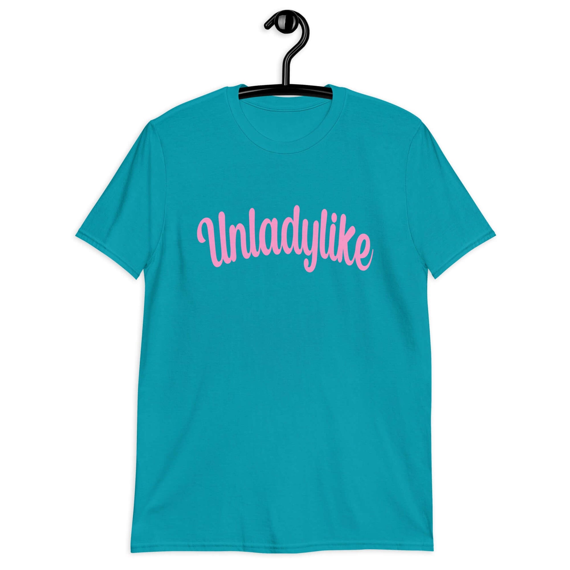 Tropical blue t-shirt with the word Unladylike printed on the front in pink.