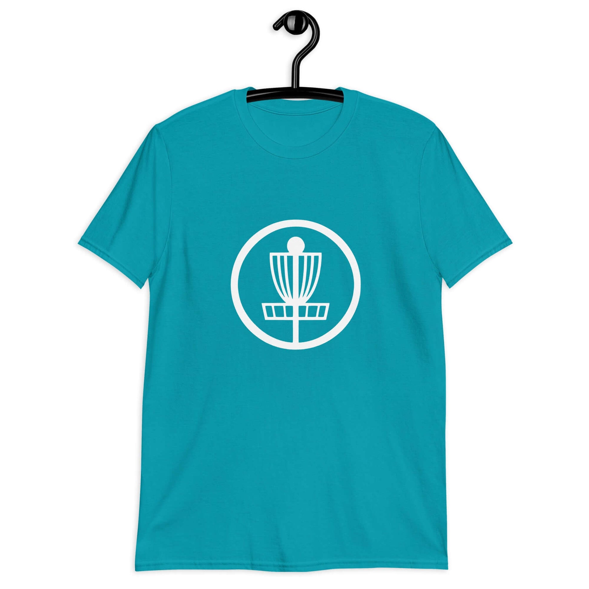Tropical  blue t-shirt with an image of disc golf basket silhouette with a circle around it printed on the front.