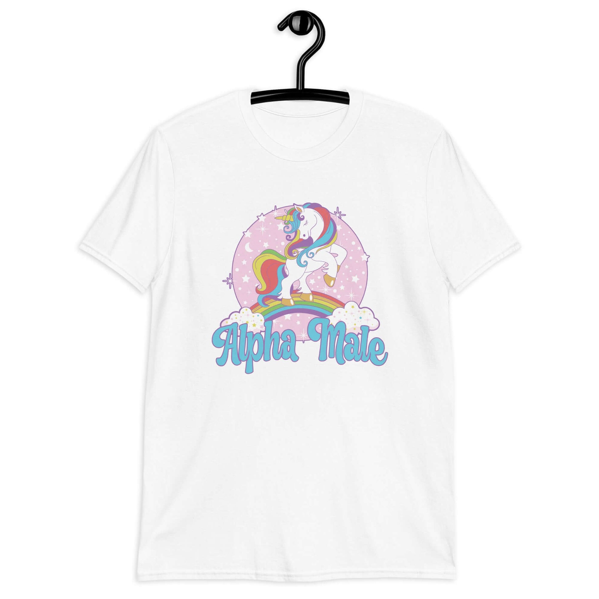 White t-shirt with funny pastel rainbow unicorn graphics and the words Alpha Male printed on the front.