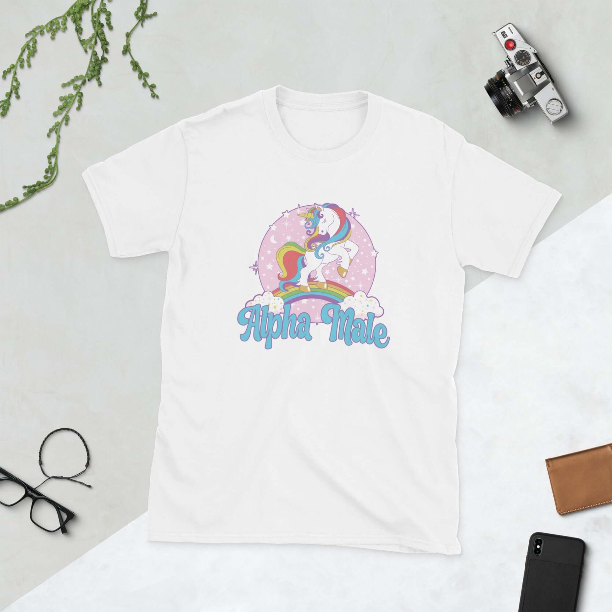 white t-tshirt that says Alpha Male with unicorn graphics