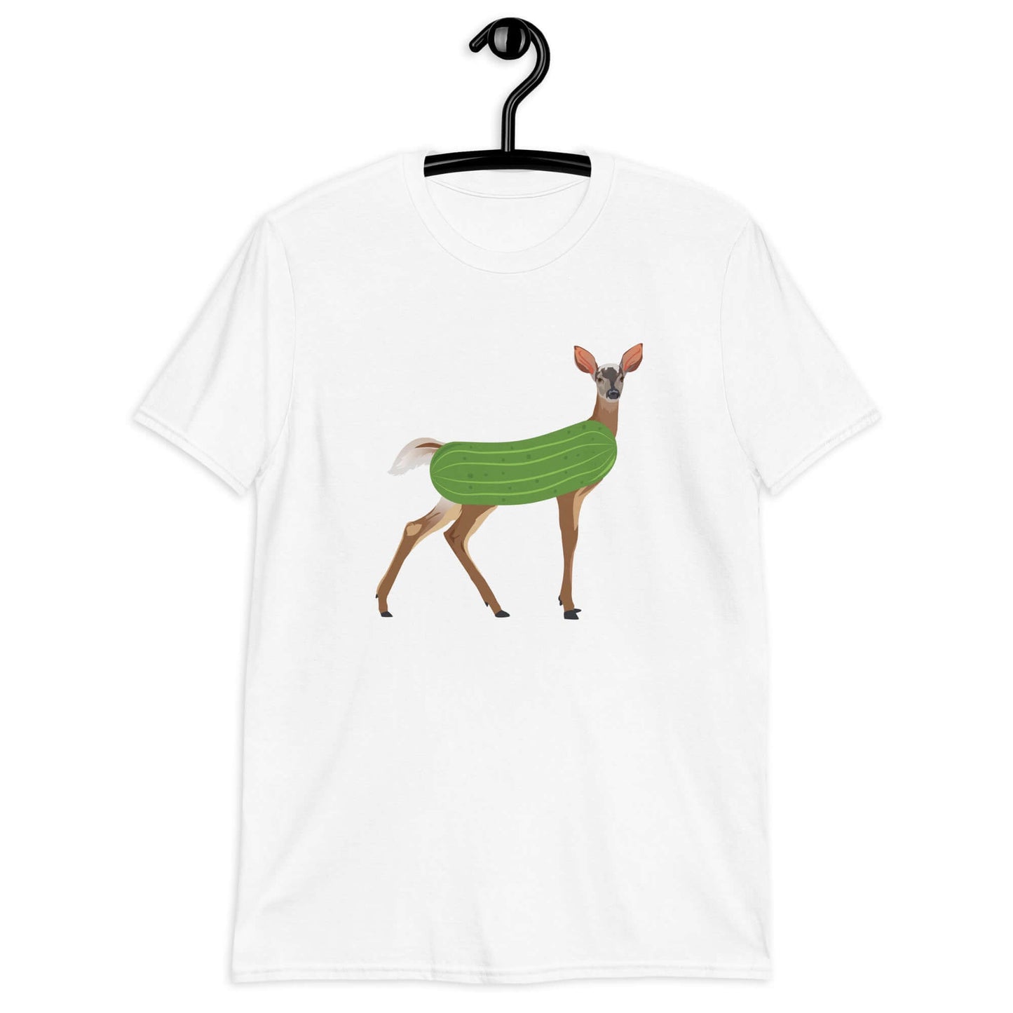 White dildo pun t-shirt with funny image of a doe deer with a dill pickle body printed on the front.