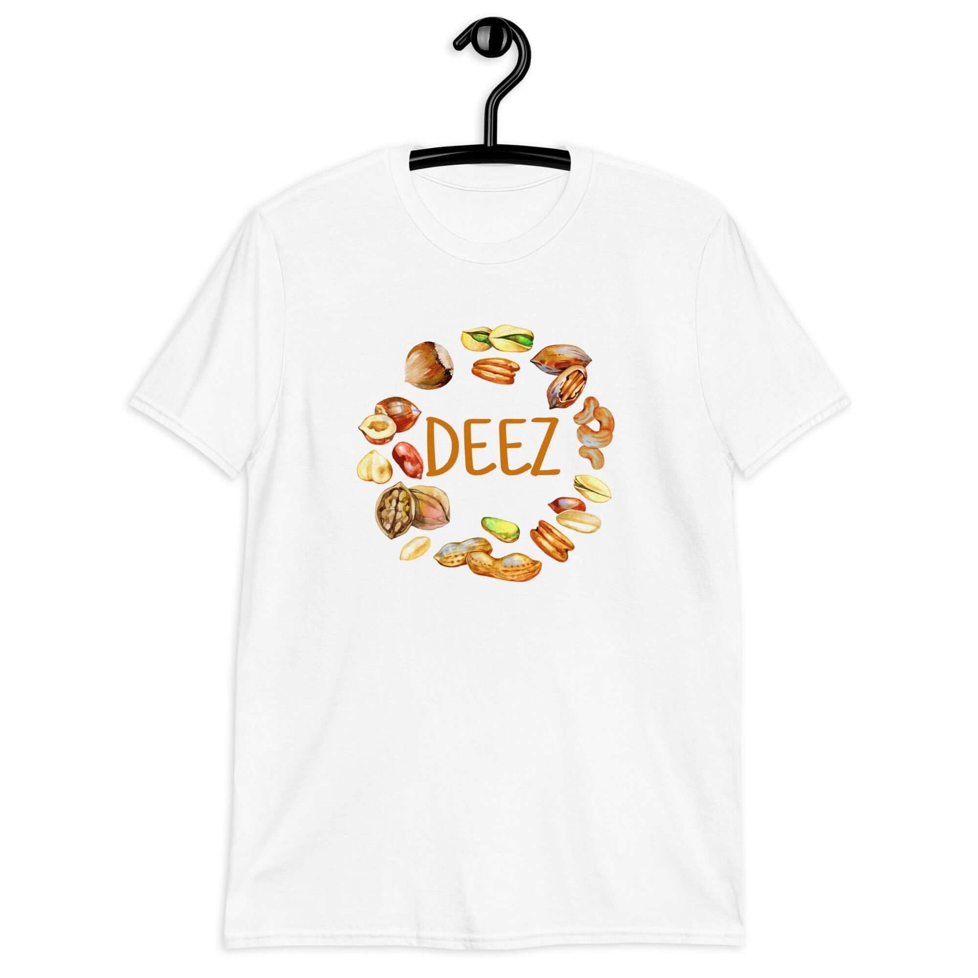 White t-shirt with an image of various nuts and the word Deez printed on the front.,