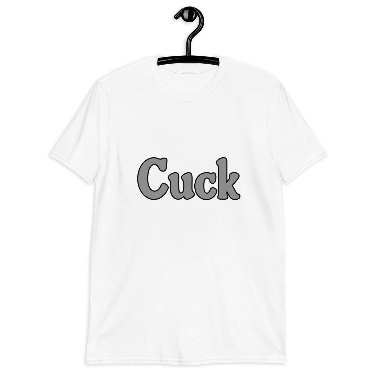 White t-shirt with the word Cuck printed on the front in grey text.