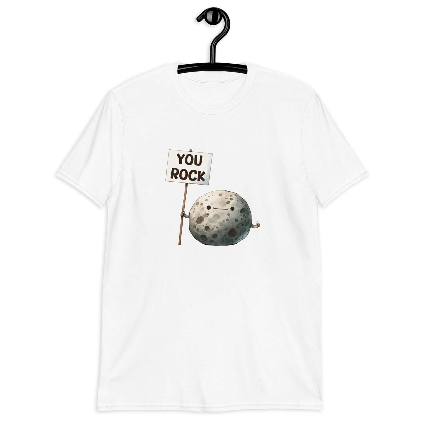 White t-shirt that has an image of a grey rock that is holding a sign. The sign says You Rock. The image is printed on the front of the t-shirt..