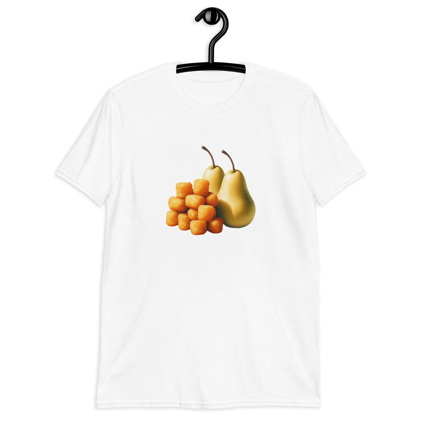 White t-shirt with an image of tater tots and two pears printed on the front.