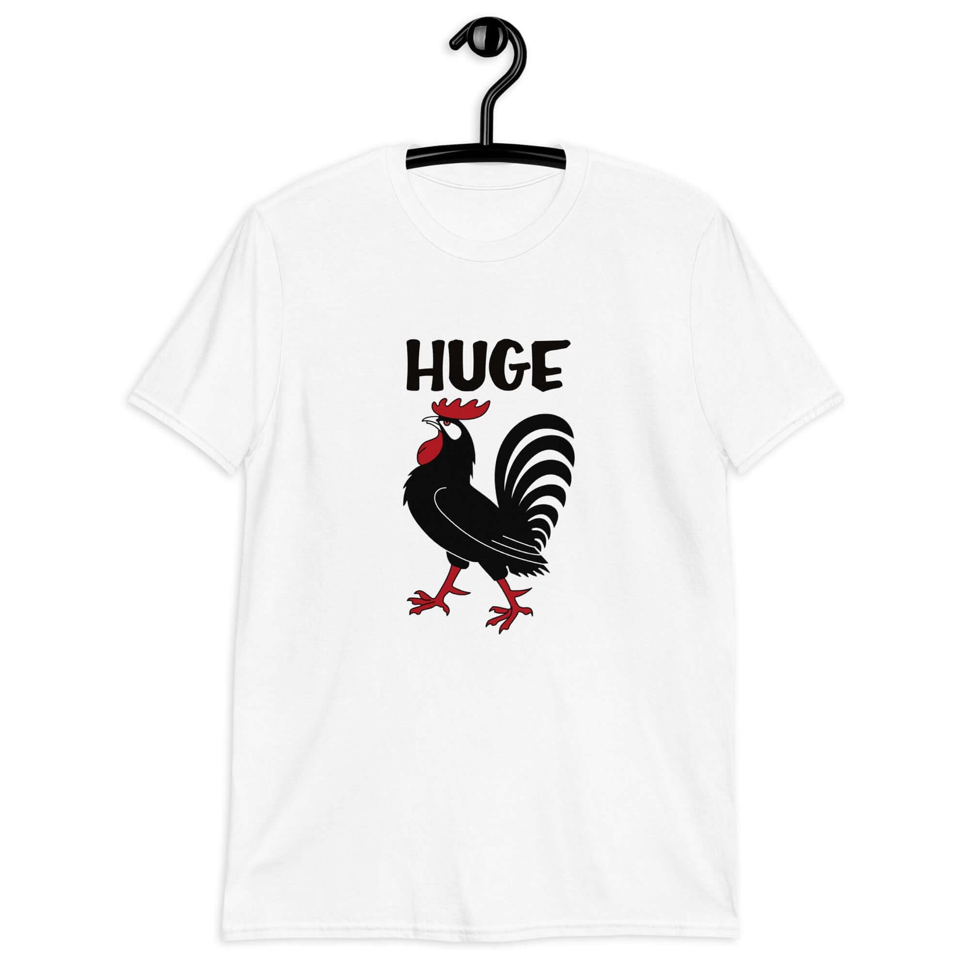 White t-shirt with an image of a rooster and the word Huge above the rooster printed on the front.