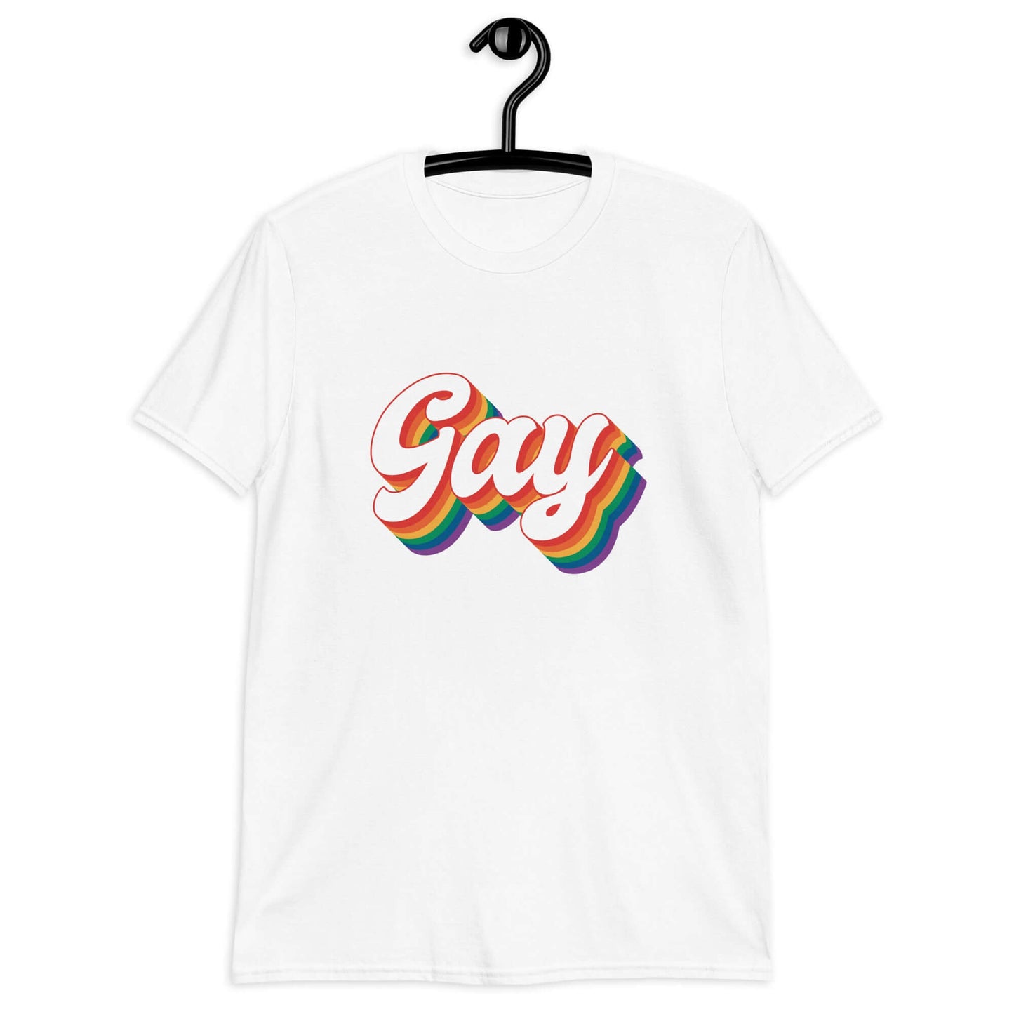 White t-shirt with the word Gay printed on the front. The word gay is outlined in rainbow.