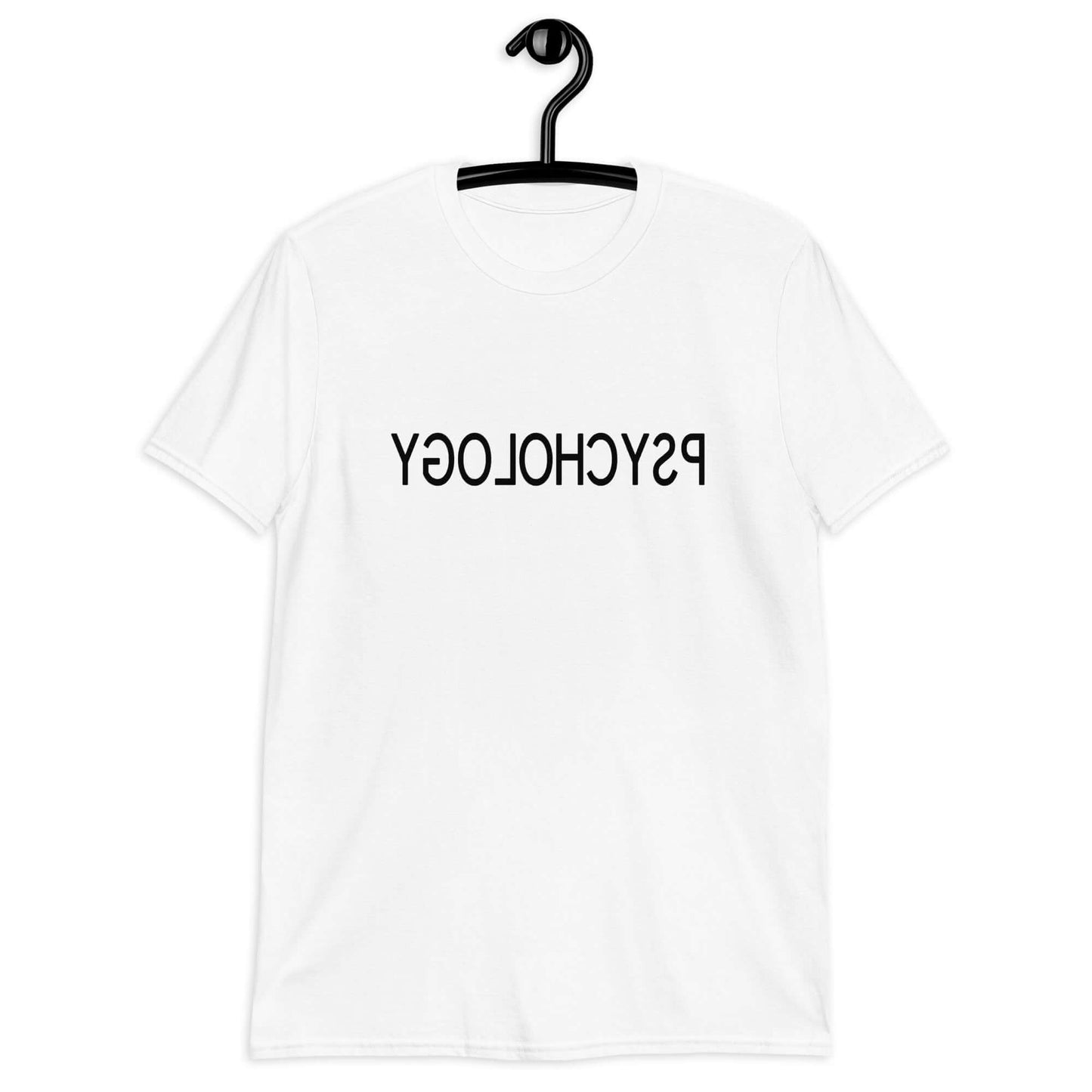 White t-shirt with the word Psychology printed in reverse on the front.