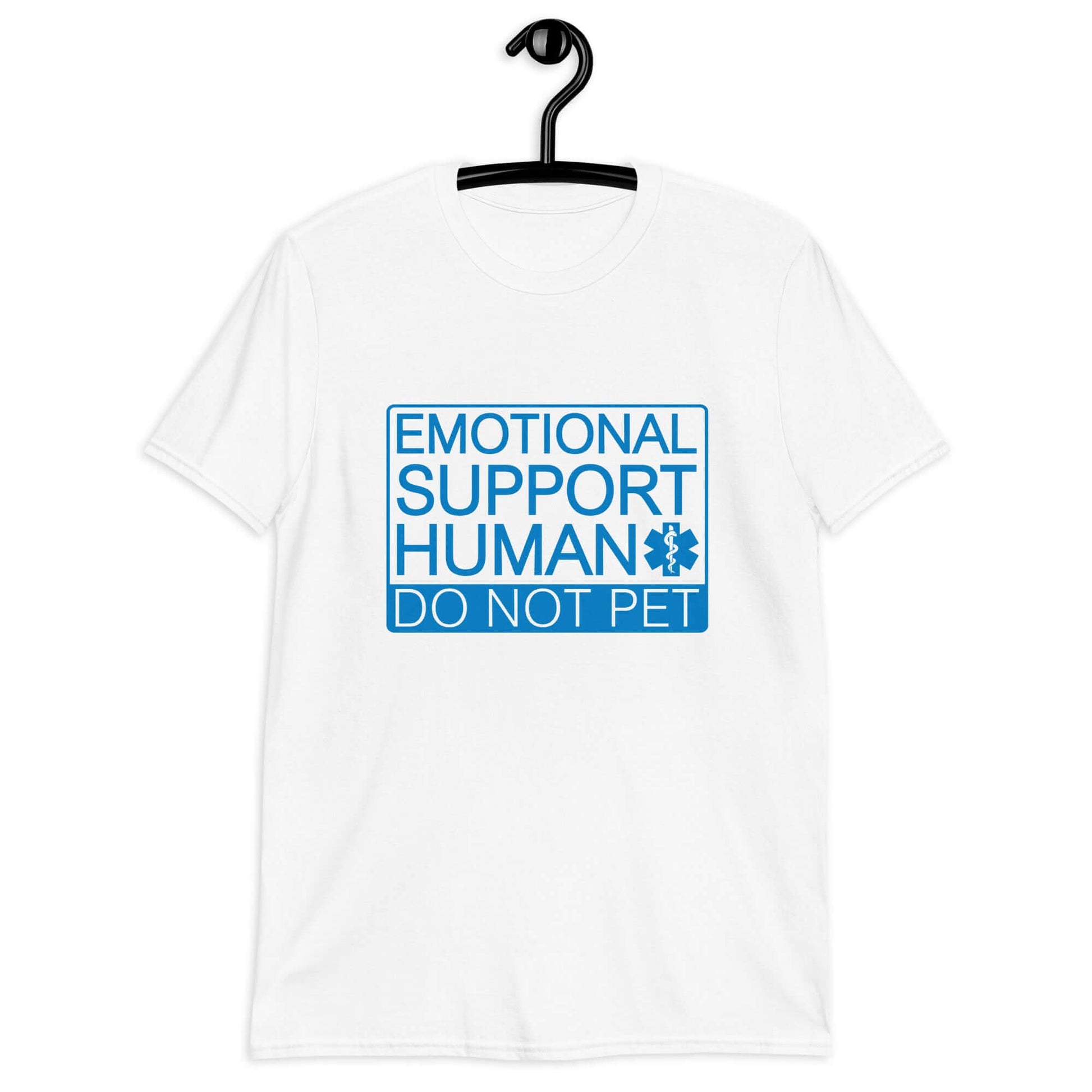 White t-shirt with the words Emotional support human, do not pet printed on the front.
